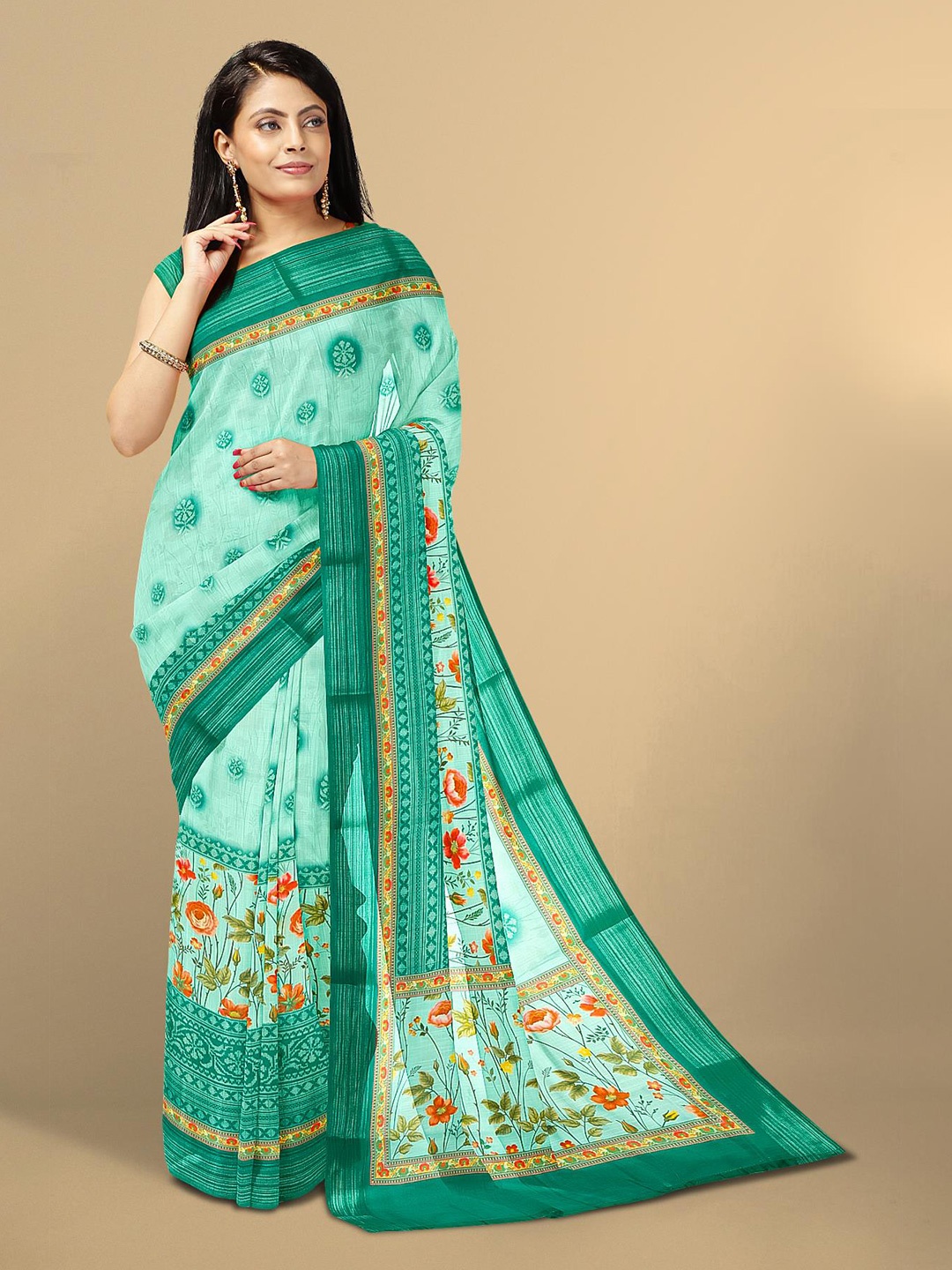 

Kalamandir Sea Green & Red Floral Pure Linen Saree