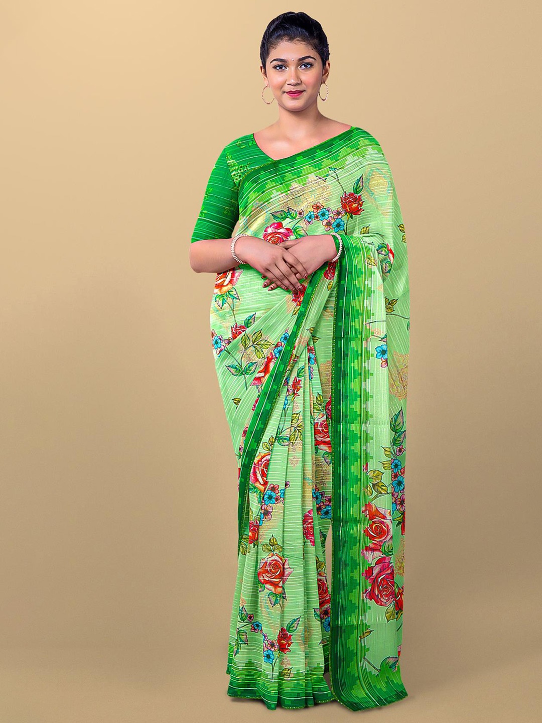 

Kalamandir Green & Pink Floral Silk Blend Saree