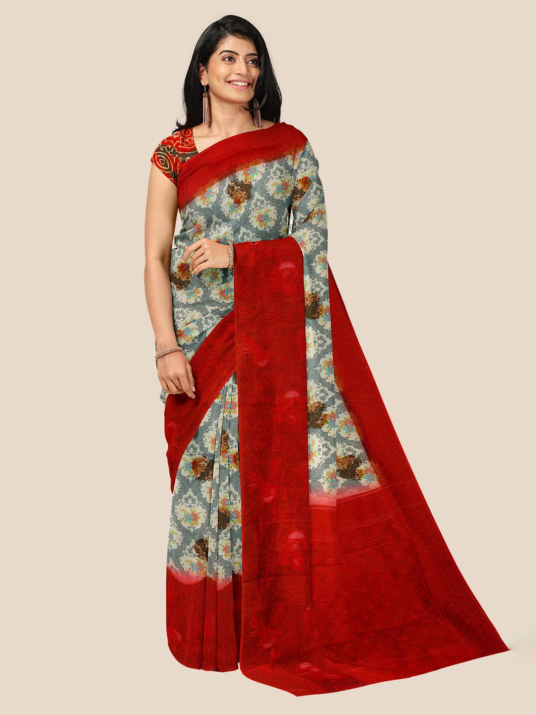 

Kalamandir Grey & Red Floral Jute Silk Saree