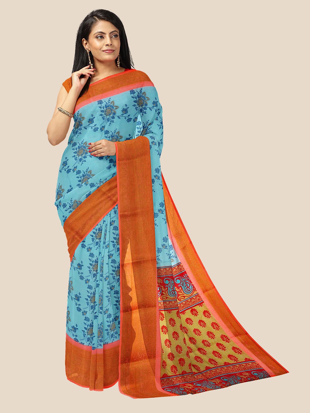 

Kalamandir Women Blue Floral Printed Pure Linen Saree