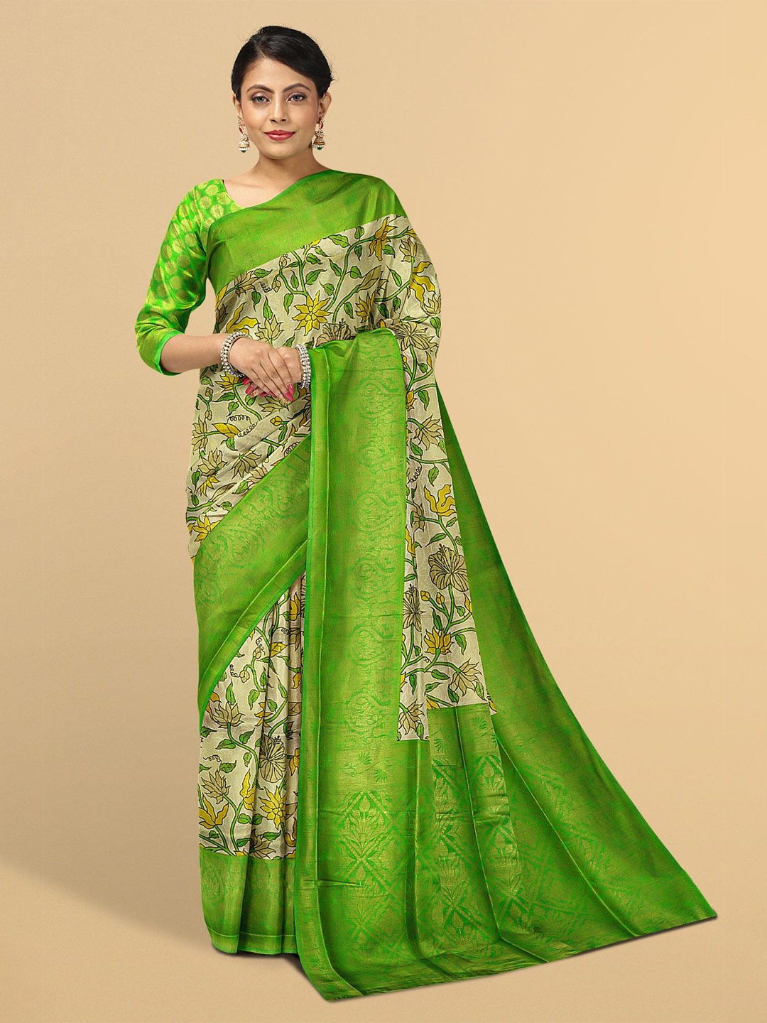 

Kalamandir Cream-Coloured & Green Floral Silk Blend Saree
