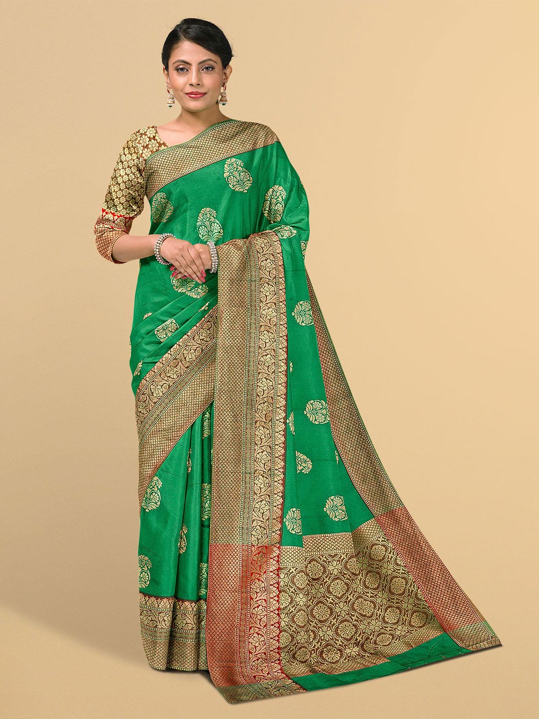 

Kalamandir Green & Gold-Toned Ethnic Motifs Zari Silk Blend Banarasi Saree