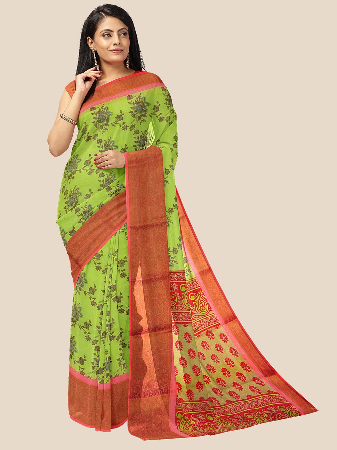 

Kalamandir Olive Green & Red Floral Pure Linen Saree