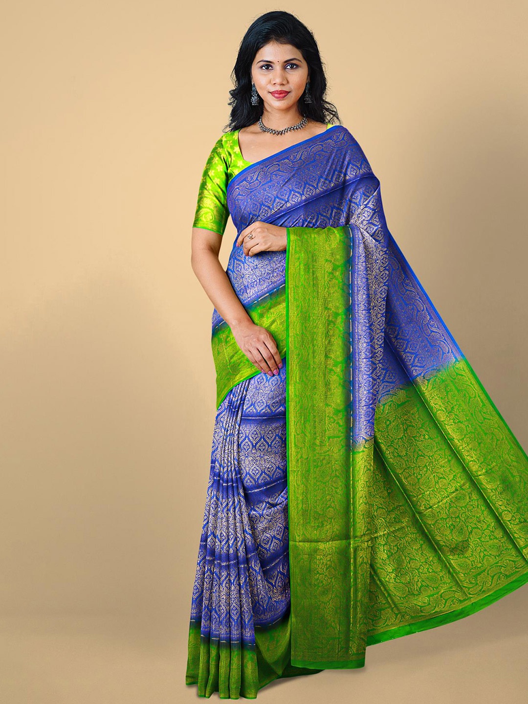 

Kalamandir Blue & Green Floral Zari Silk Blend Banarasi Saree