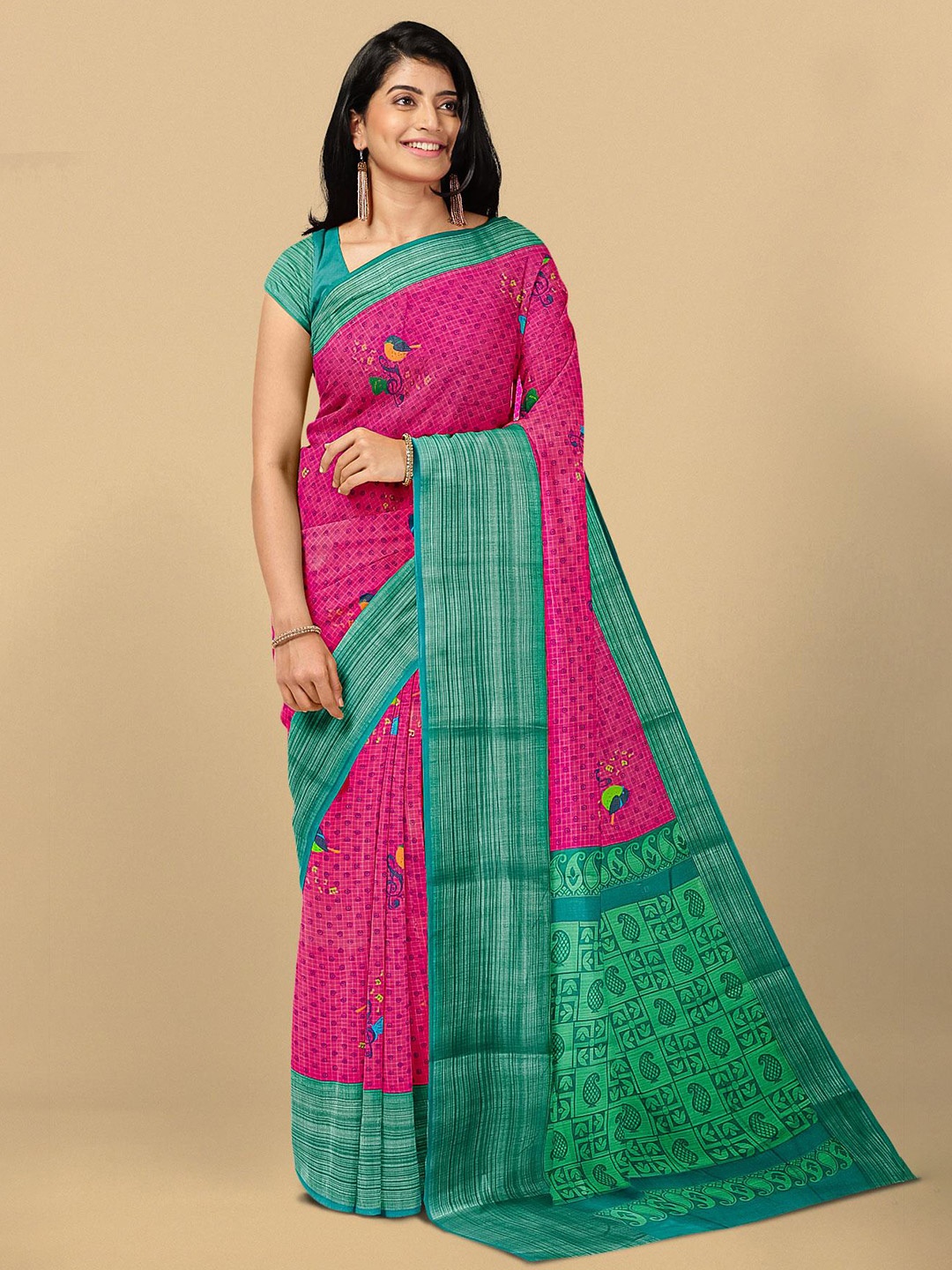 

Kalamandir Pink & Teal Ethnic Motifs Pure Linen Saree