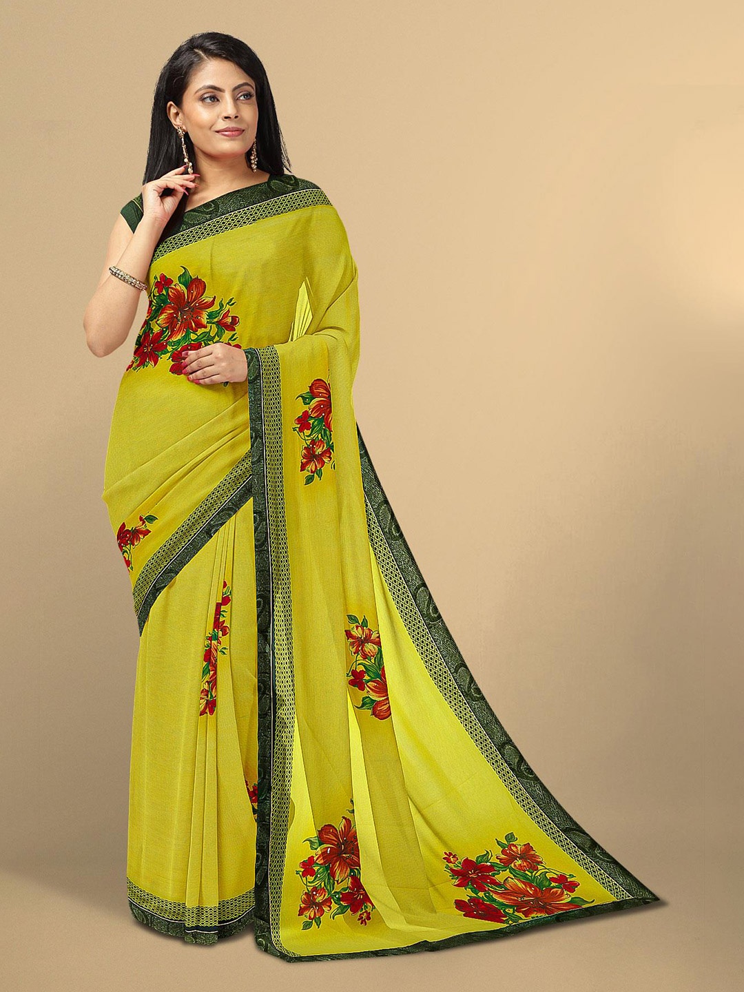 

Kalamandir Mustard & Red Floral Pure Georgette Saree