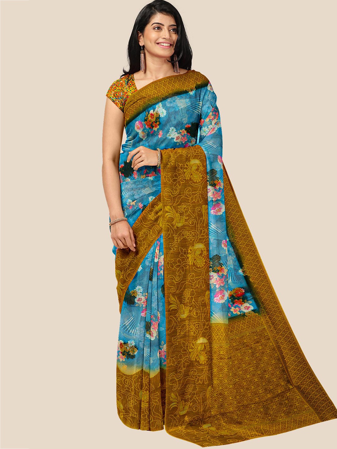 

Kalamandir Blue & Brown Floral Jute Silk Saree