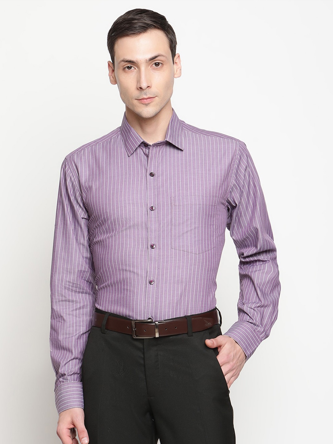 

Copperline Men Purple Comfort Slim Fit Striped Pure Cotton Formal Shirt