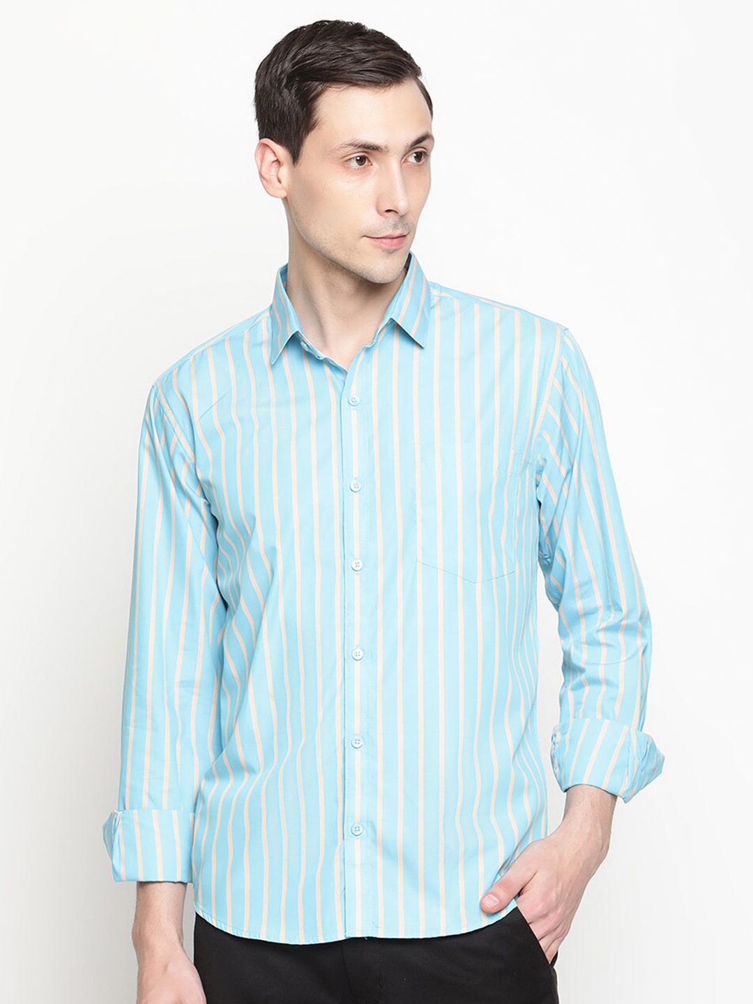 

Copperline Men Blue Comfort Slim Fit Striped Cotton Casual Shirt