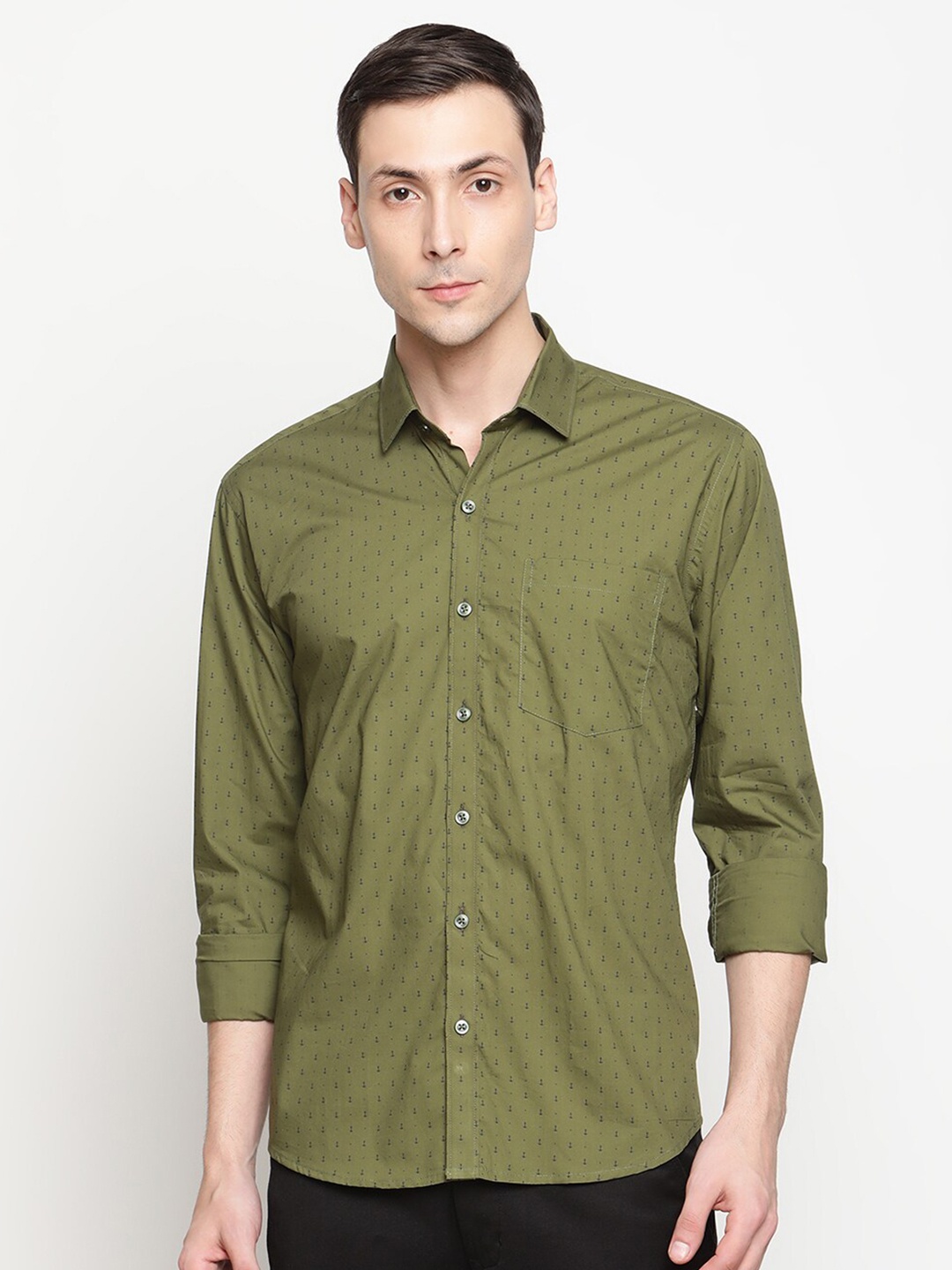 

Copperline Men Olive Green Comfort Slim Fit Printed Formal Shirt