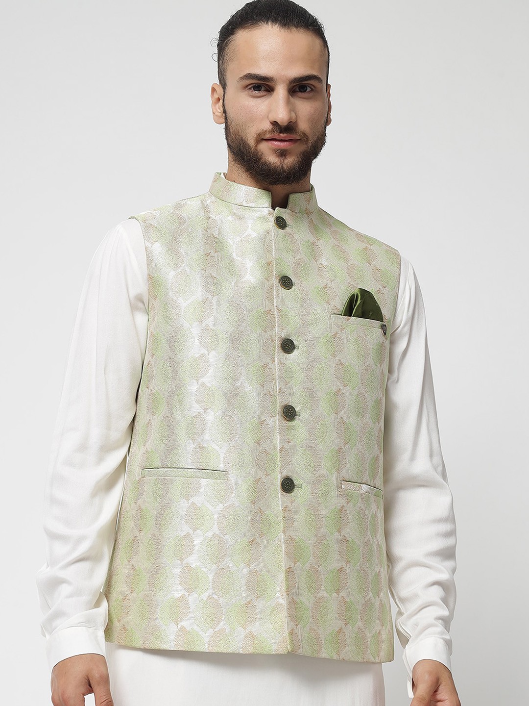 

MAXENCE Men Silver-Coloured & Green Woven Design Nehru Jacket