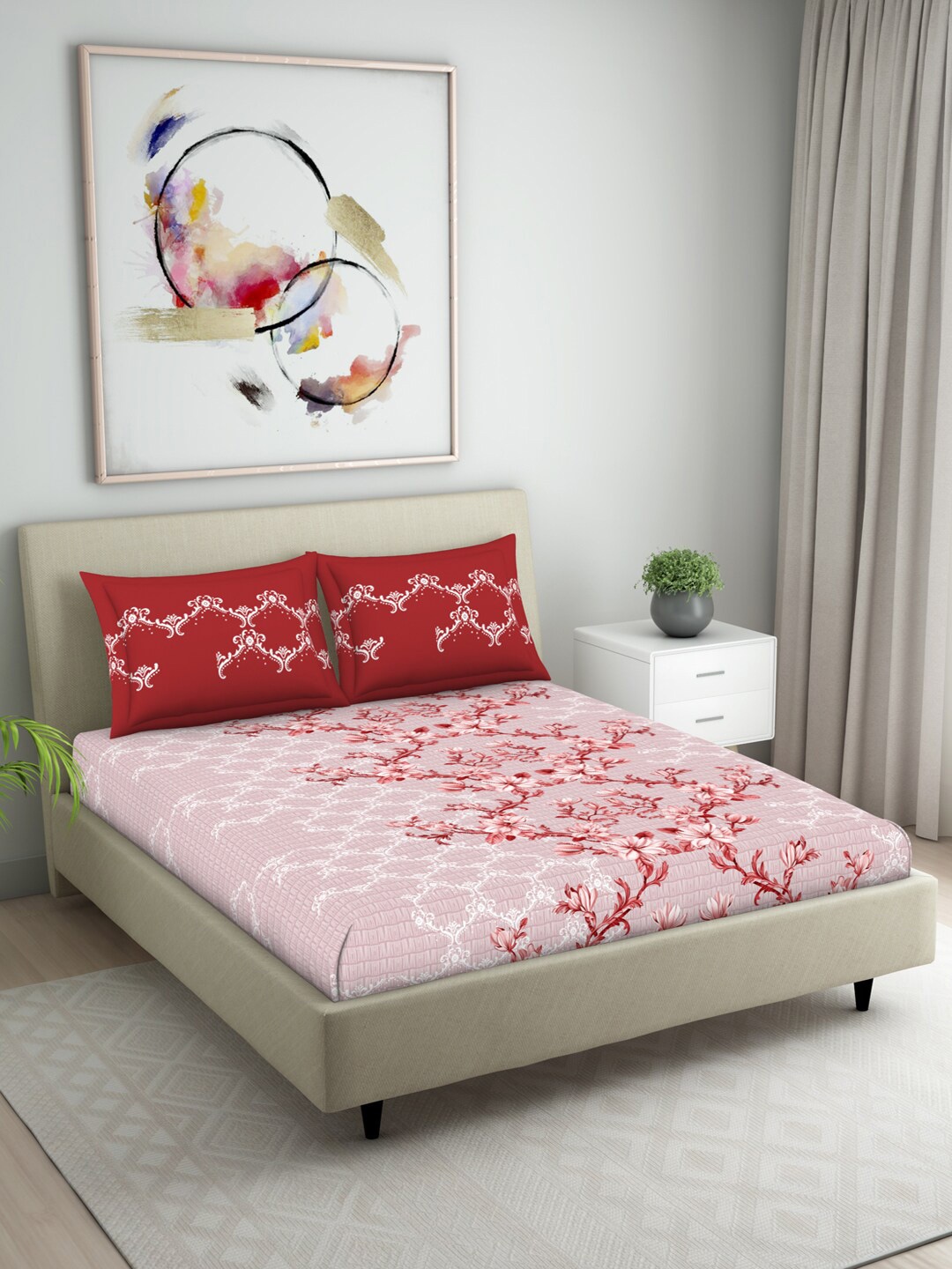 

Welspun Red & White Floral 104 TC Queen Bedsheet with 2 Pillow Covers