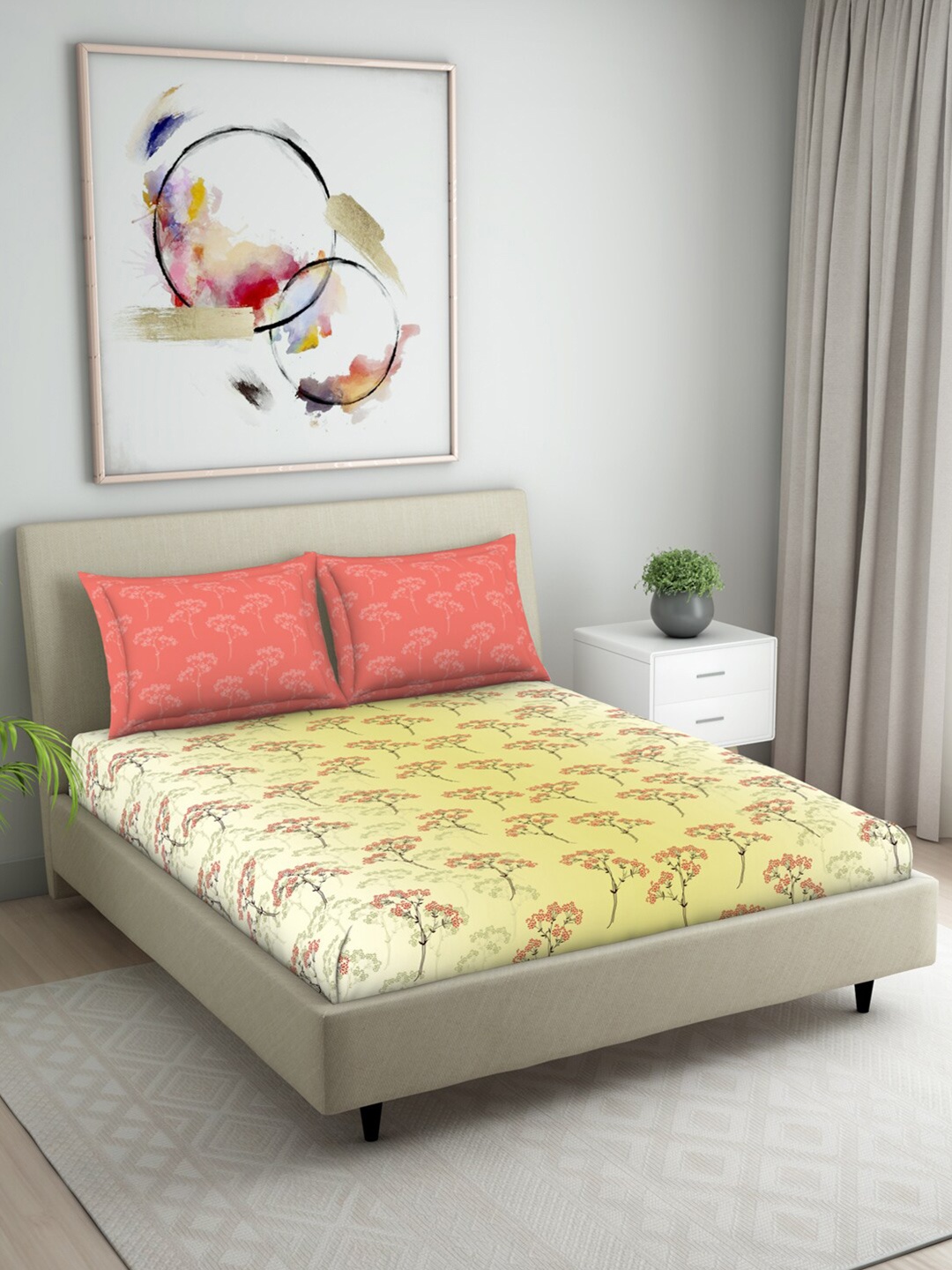 

Welspun Yellow & Coral 104 TC Queen Floral Cotton Bedsheet with 2 Pillow Covers