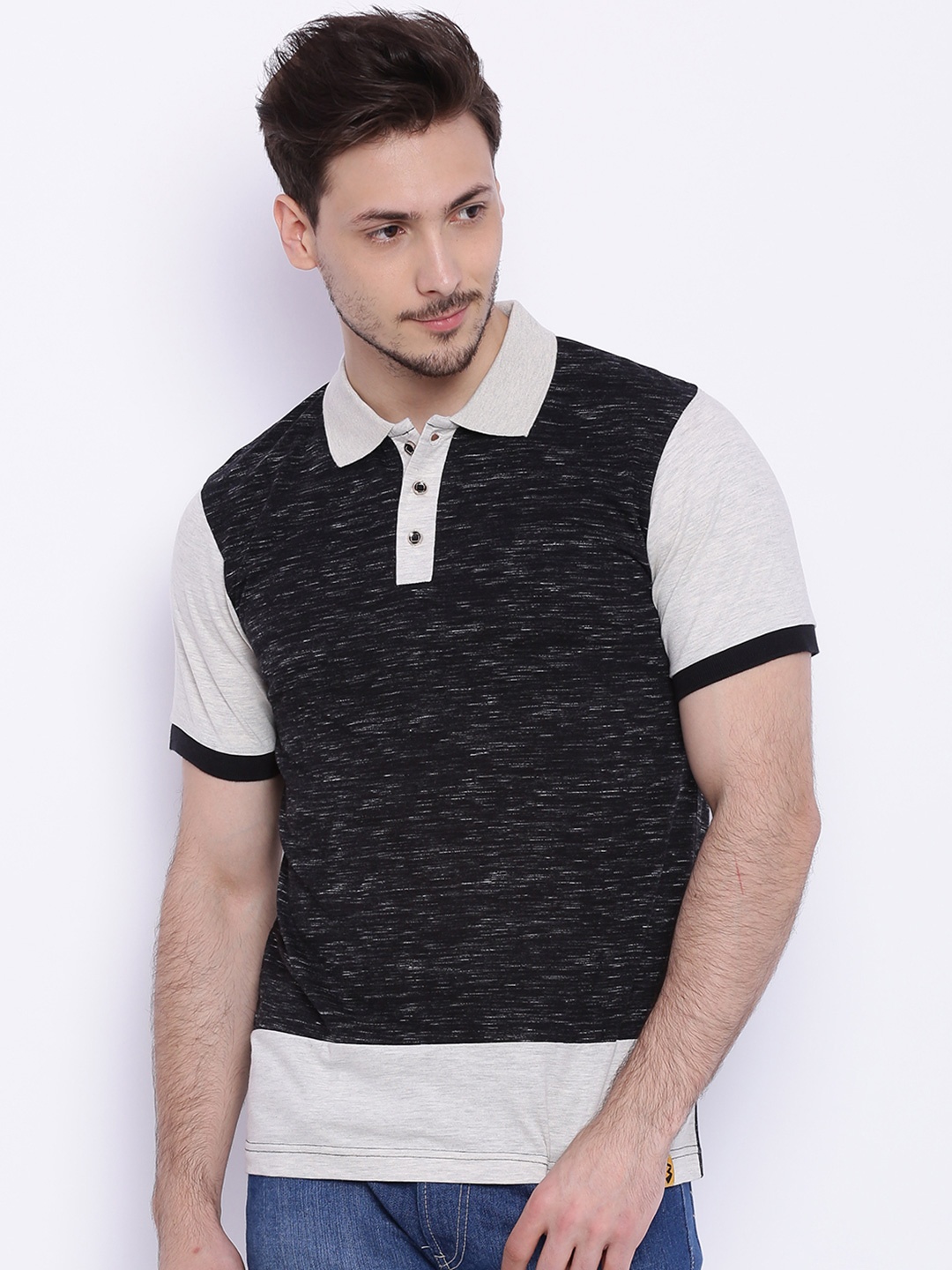 

Campus Sutra Men Charcoal Grey & Beige Colourblocked Polo Collar T-shirt
