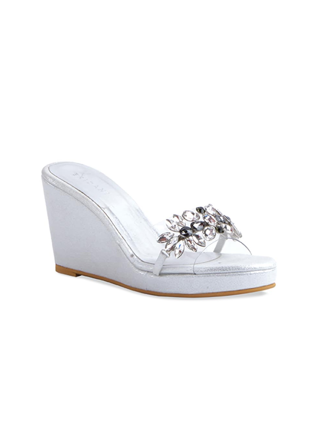 

ERIDANI Women Silver-Toned & Transparent Embellished Wedges