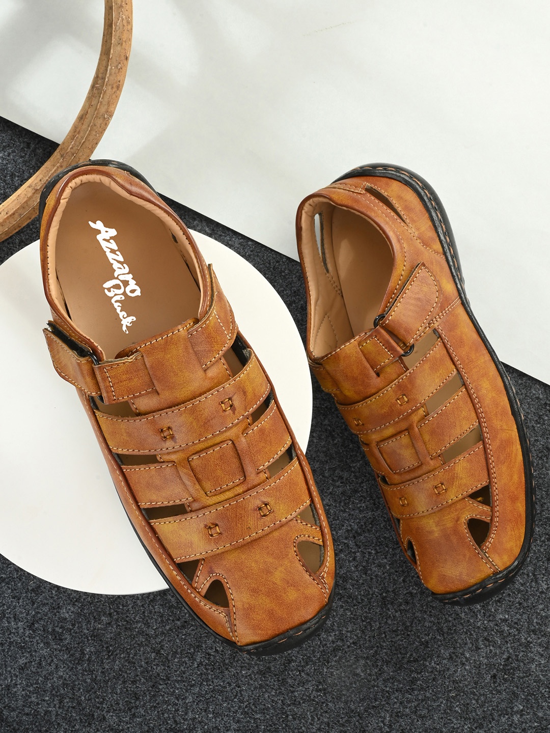 

Azzaro Black Men Tan Solid Shoe-Style Sandals