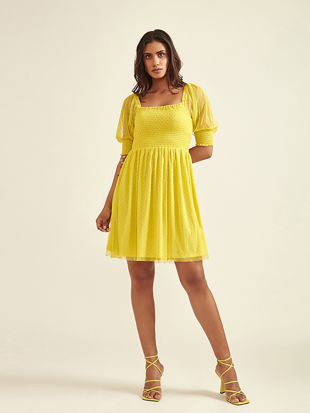 

COVER STORY Yellow Solid Fit & Flare Dress