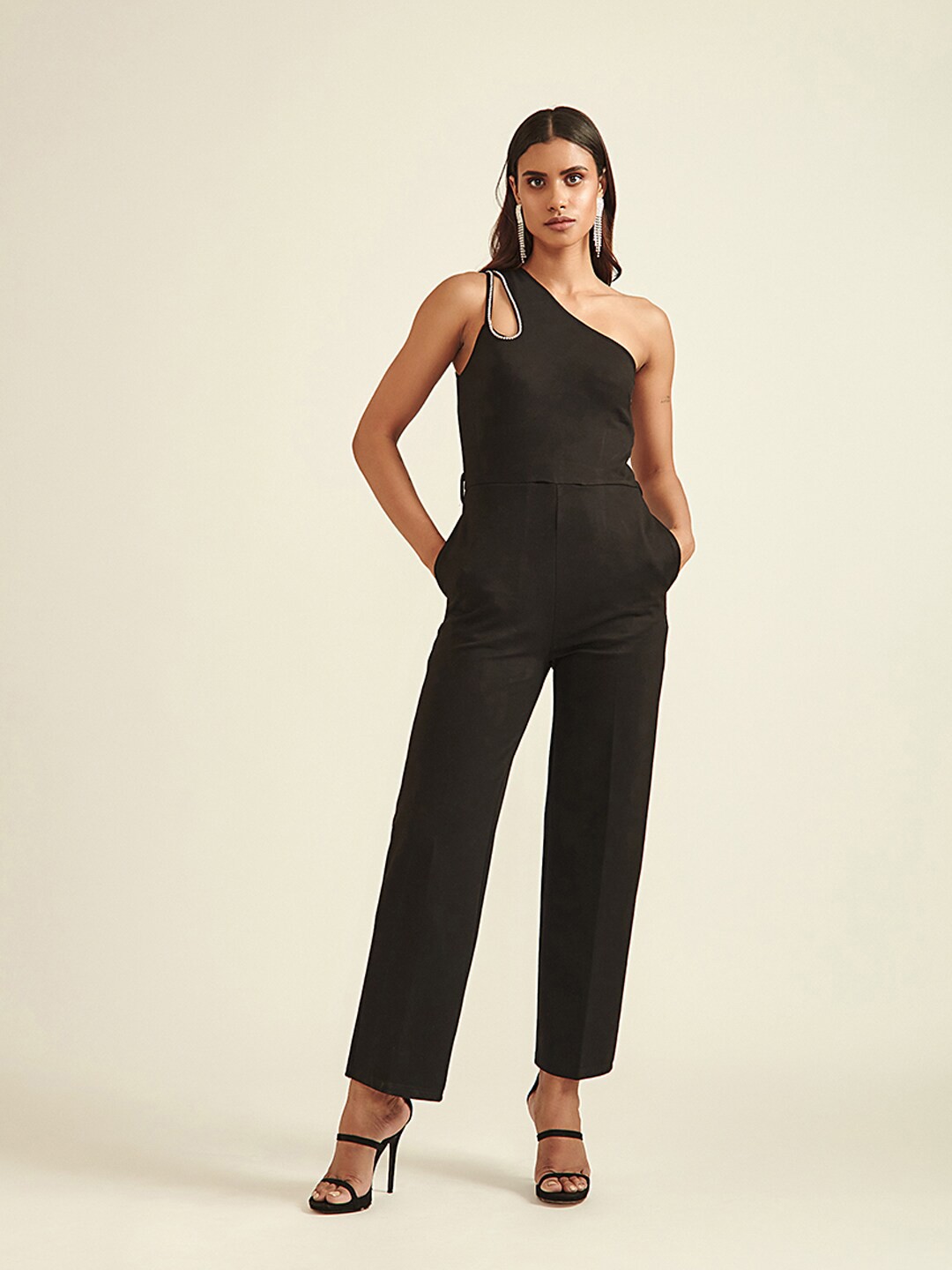 

COVER STORY Women Black One Shoulder Jumpsuit