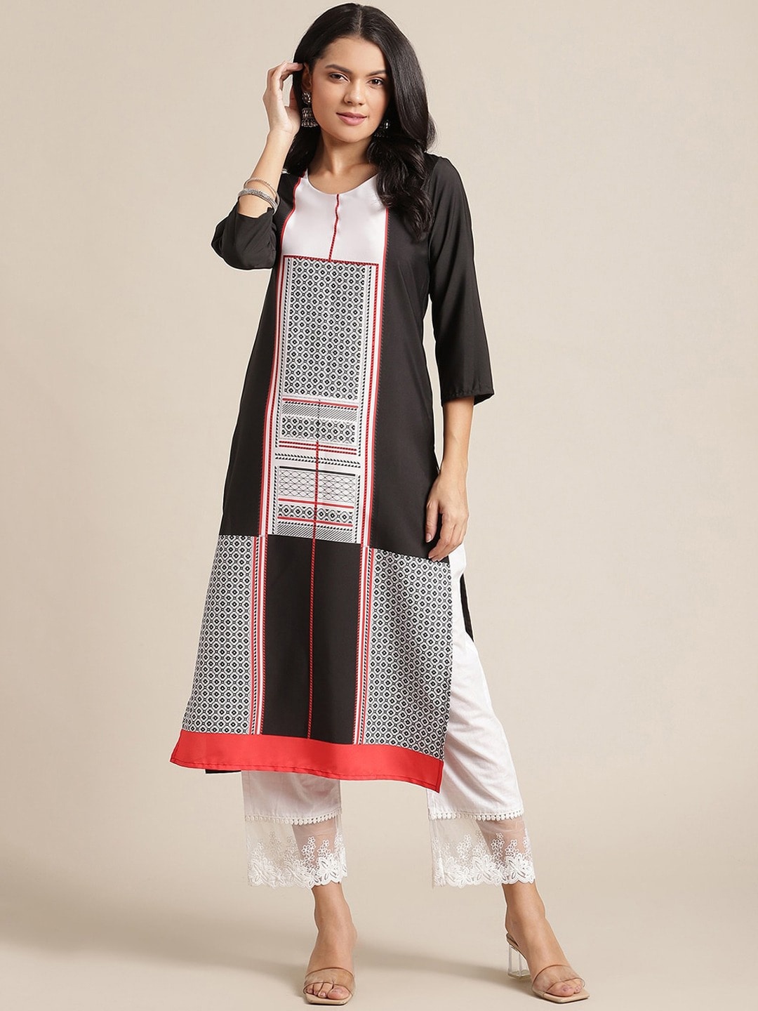 

KSUT Women Black & White Geometric Printed Straight Kurta
