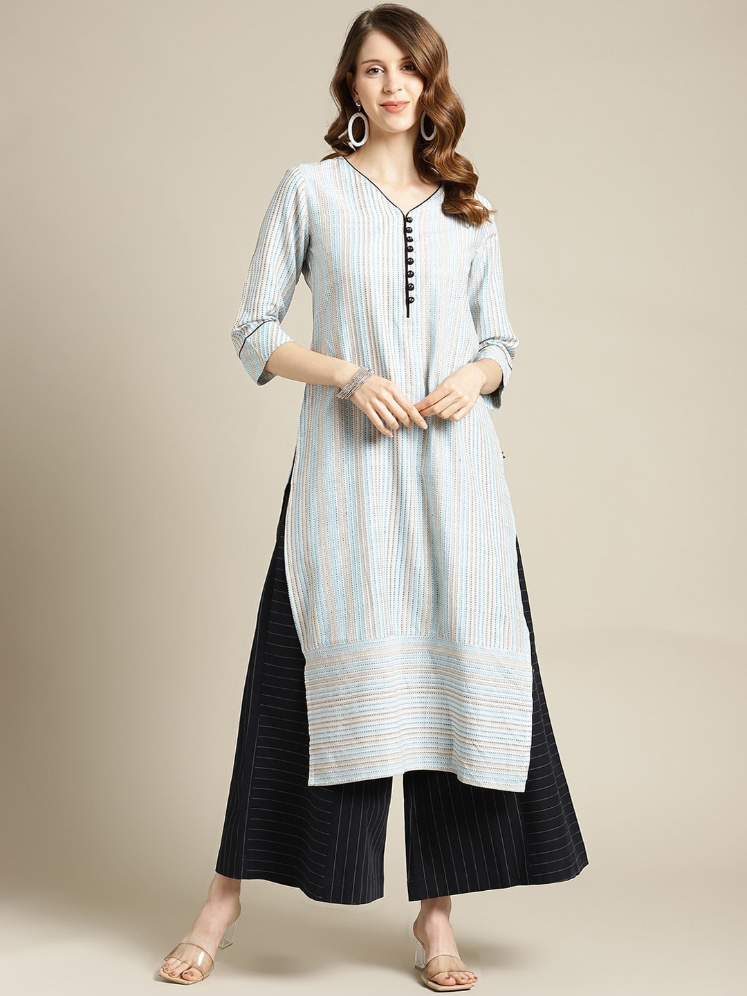 

KSUT Women Blue & Pink Striped Kurta