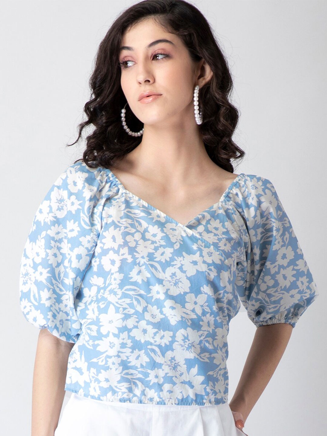 

FabAlley Blue Floral Print Pure Cotton Wrap Top