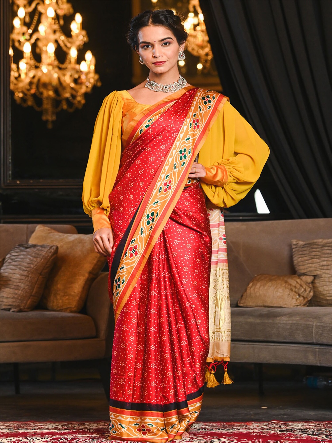 

BEATITUDE Red & Mustard Gajji Satin Silk Saree