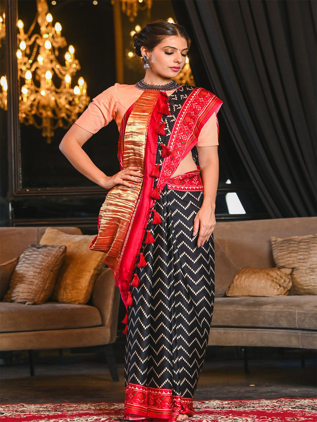

BEATITUDE Black & Red Silk Blend Saree