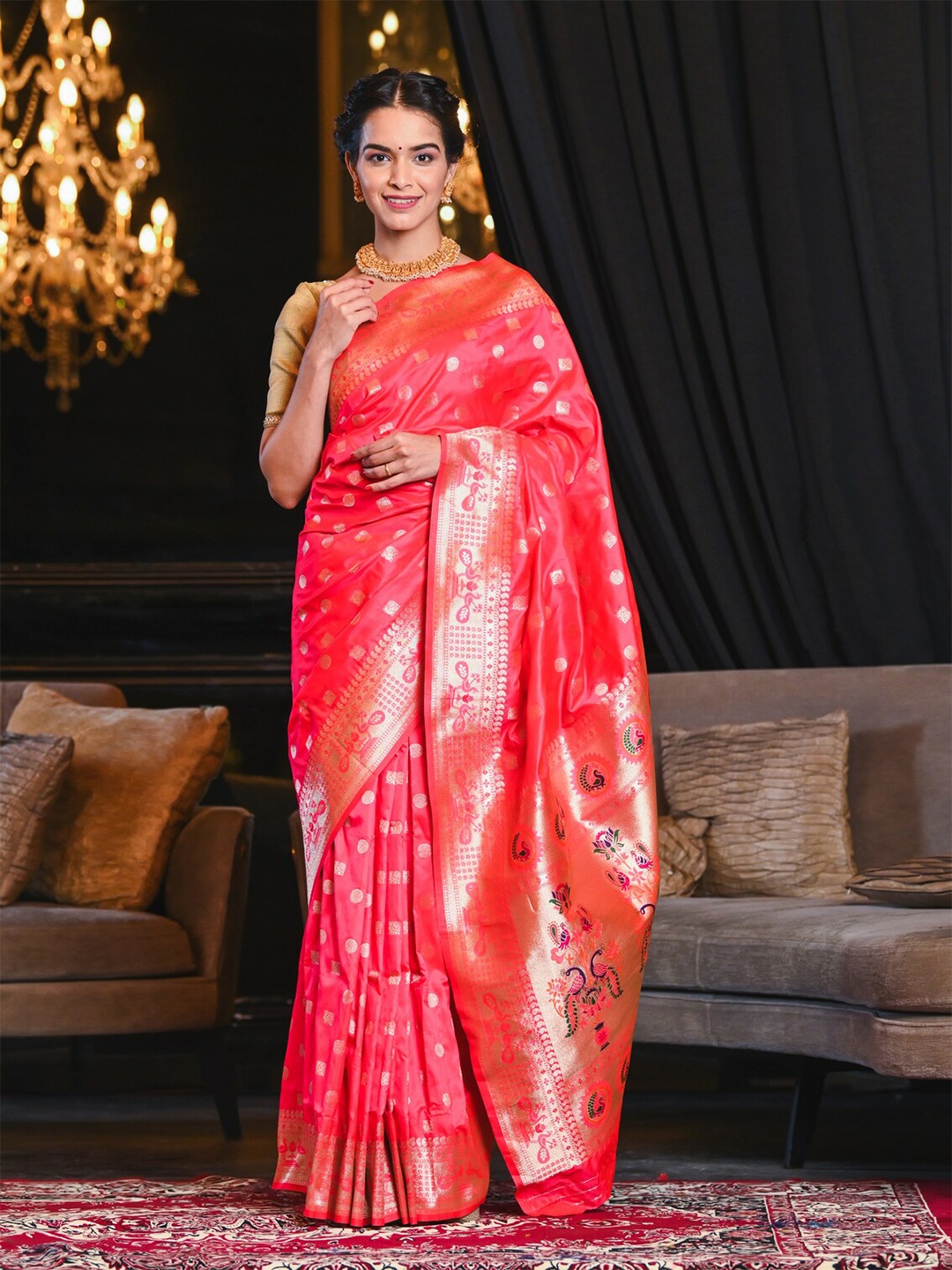 

BEATITUDE Pink & Golden Woven Design Zari Silk Blend Paithani Saree