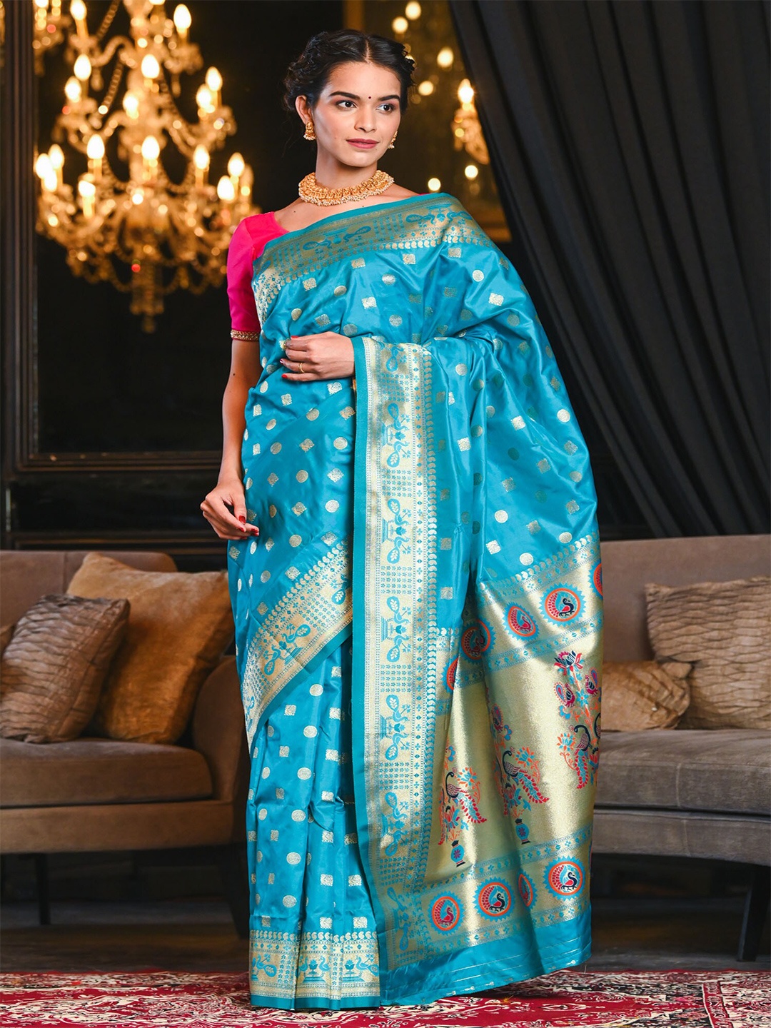 

BEATITUDE Blue Woven Design Silk Blend Paithani Saree, Turquoise blue