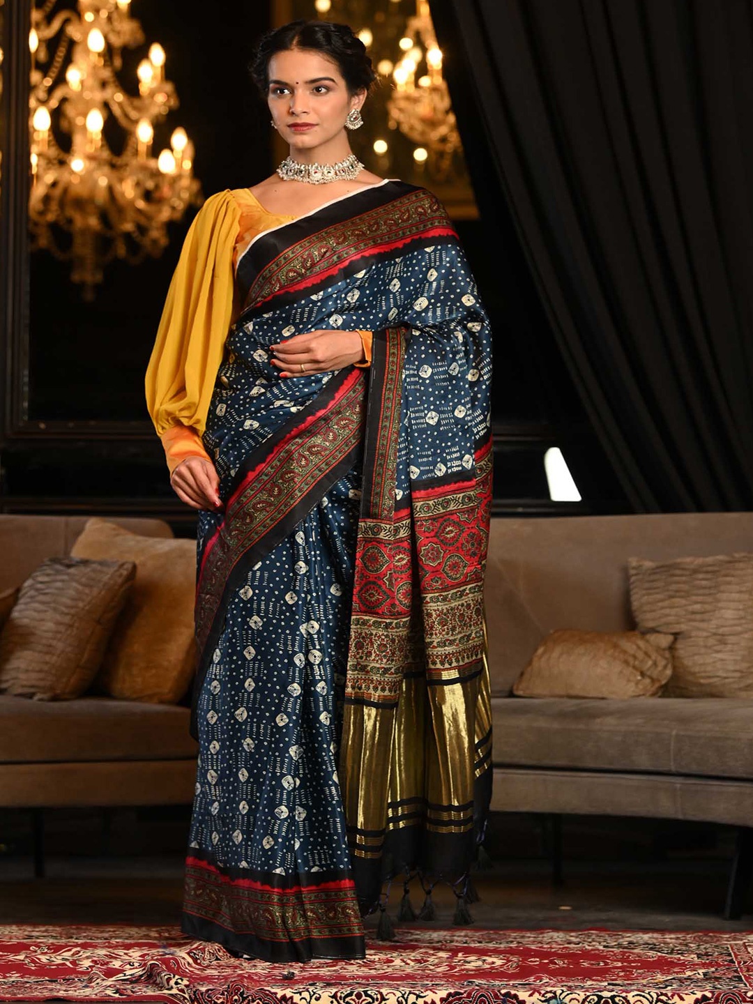 

BEATITUDE Blue & Black Ajrakh Print Silk Blend Saree