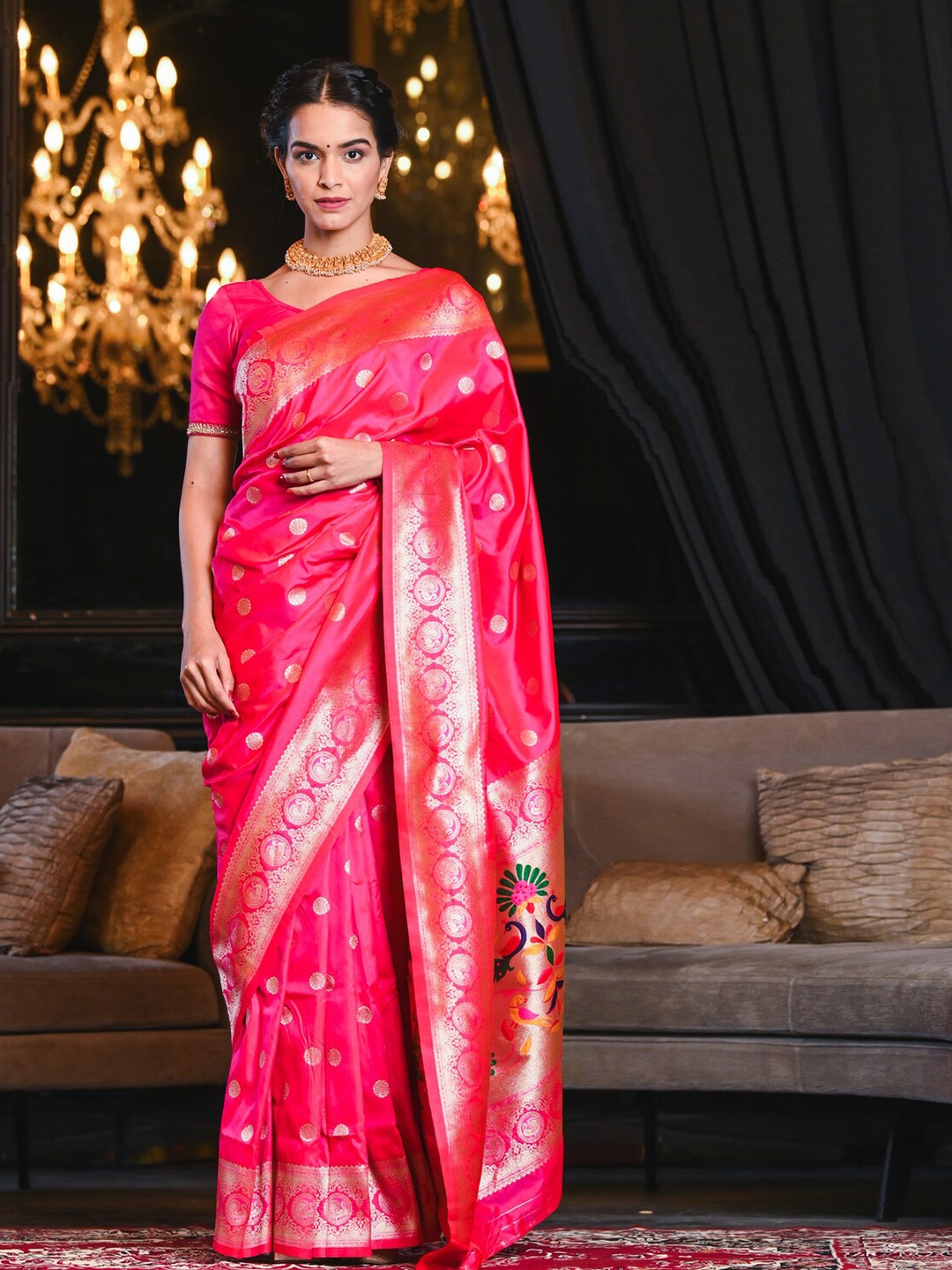 

BEATITUDE Pink Floral Zari Silk Blend Paithani Saree