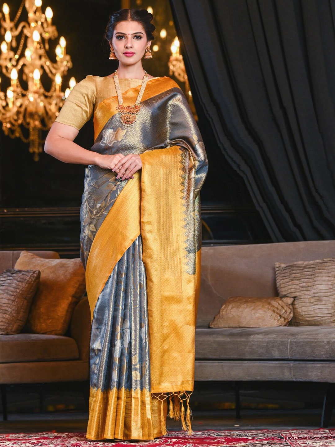 

BEATITUDE Grey & Orange Woven Design Zari Silk Blend Banarasi Saree