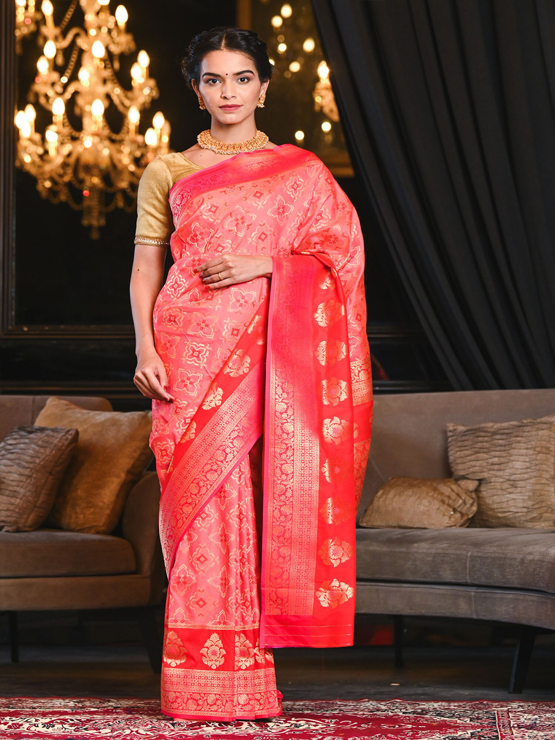 

BEATITUDE Pink & Golden Ethnic Motifs Zari Silk Blend Banarasi Saree