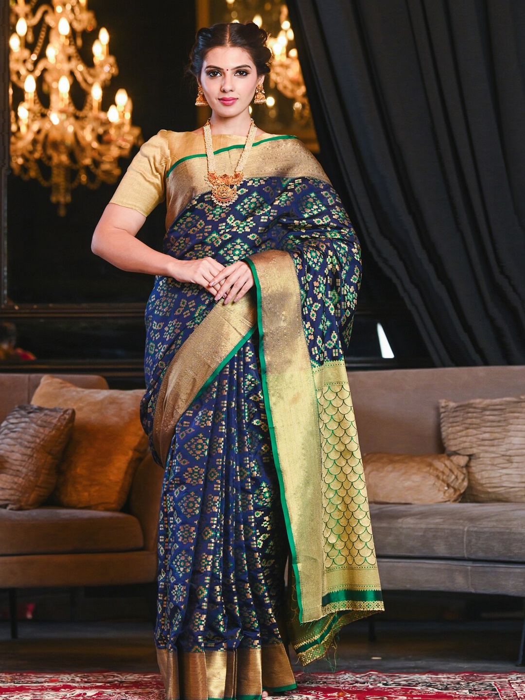 

BEATITUDE Blue & Green Woven Design Zari Silk Blend Patola Saree