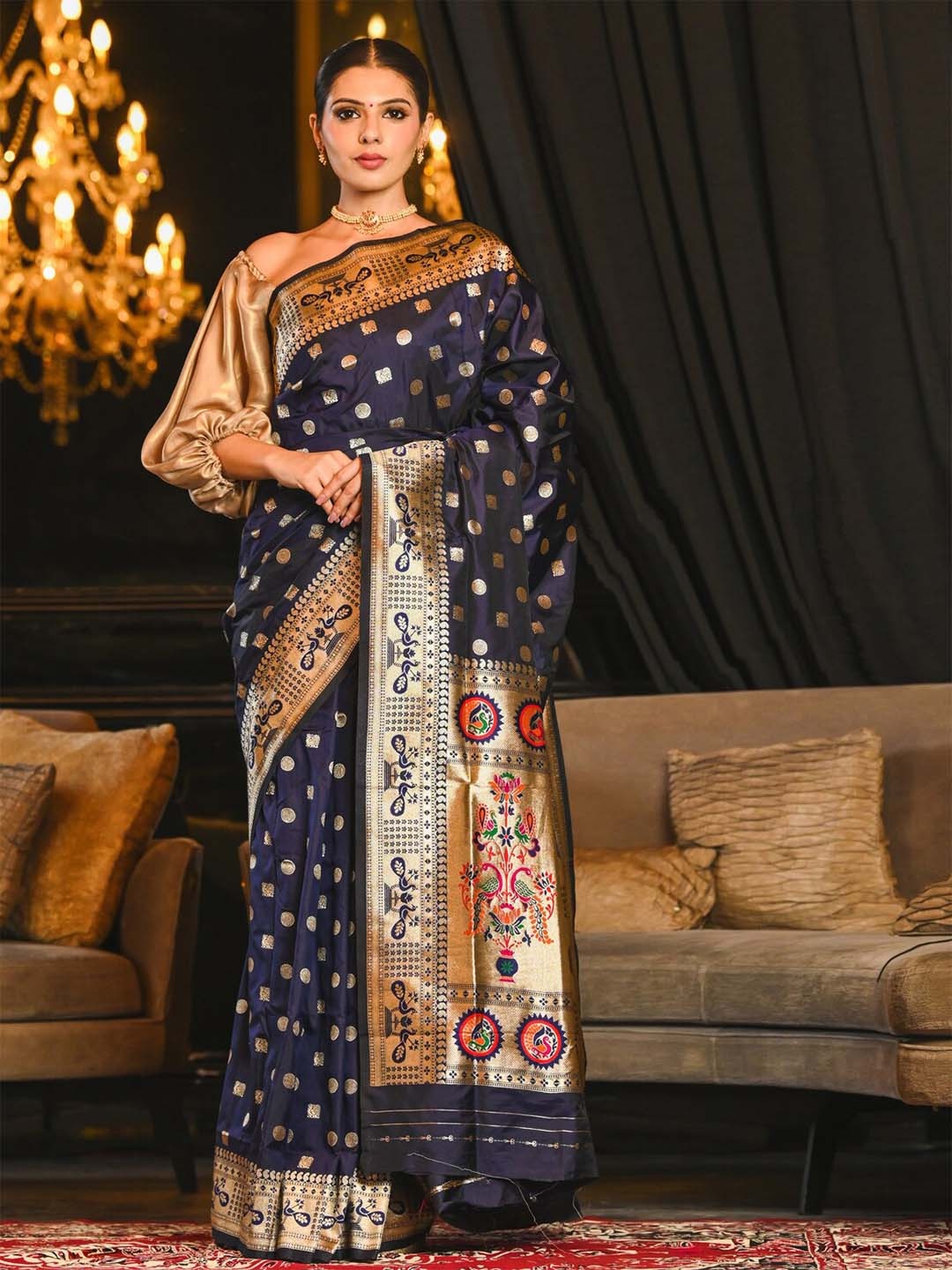 

BEATITUDE Blue & Golden Woven Design Silk Blend Paithani Saree