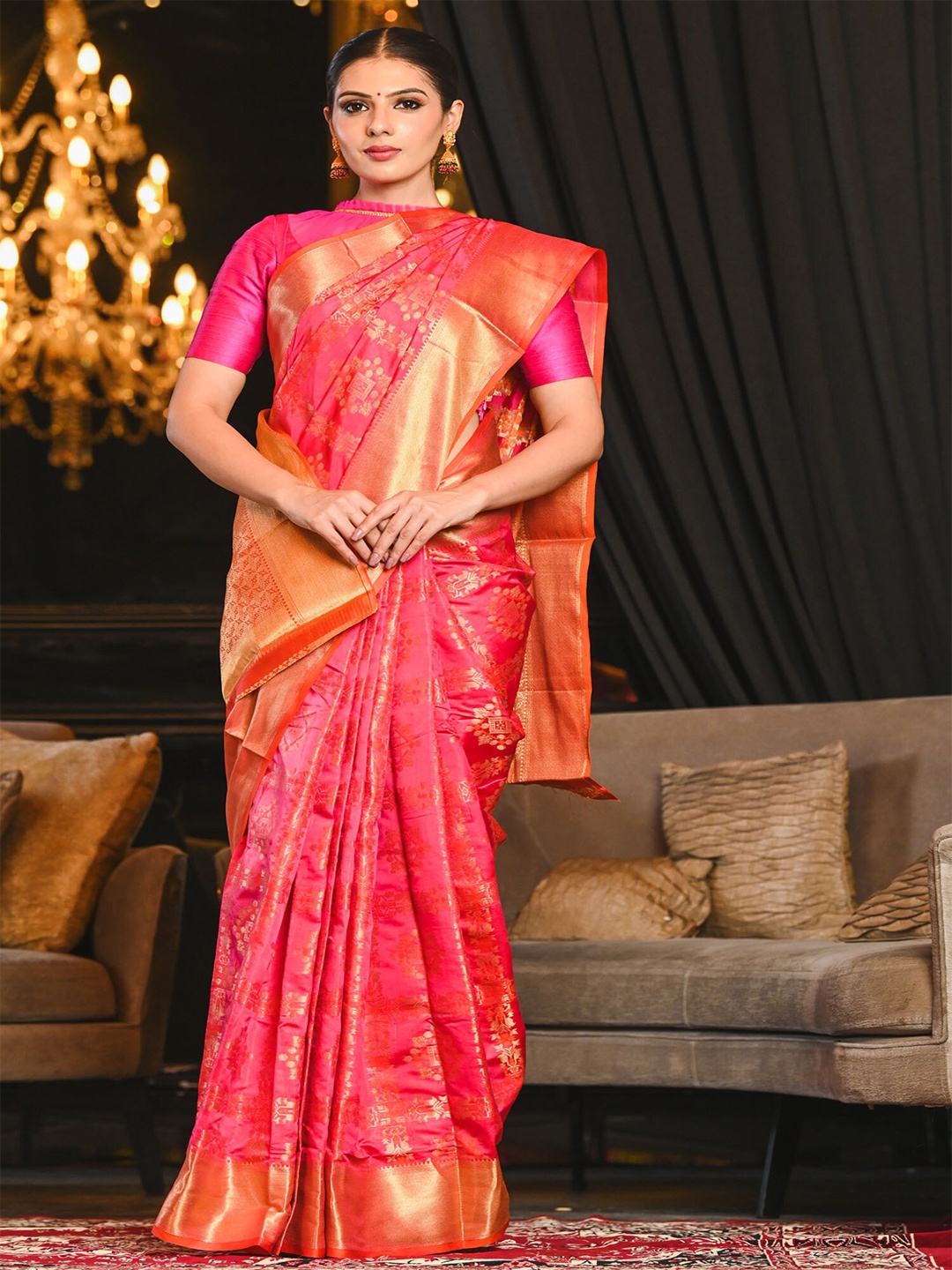 

BEATITUDE Pink & Gold-Toned Ethnic Motifs Zari Silk Blend Patola Saree