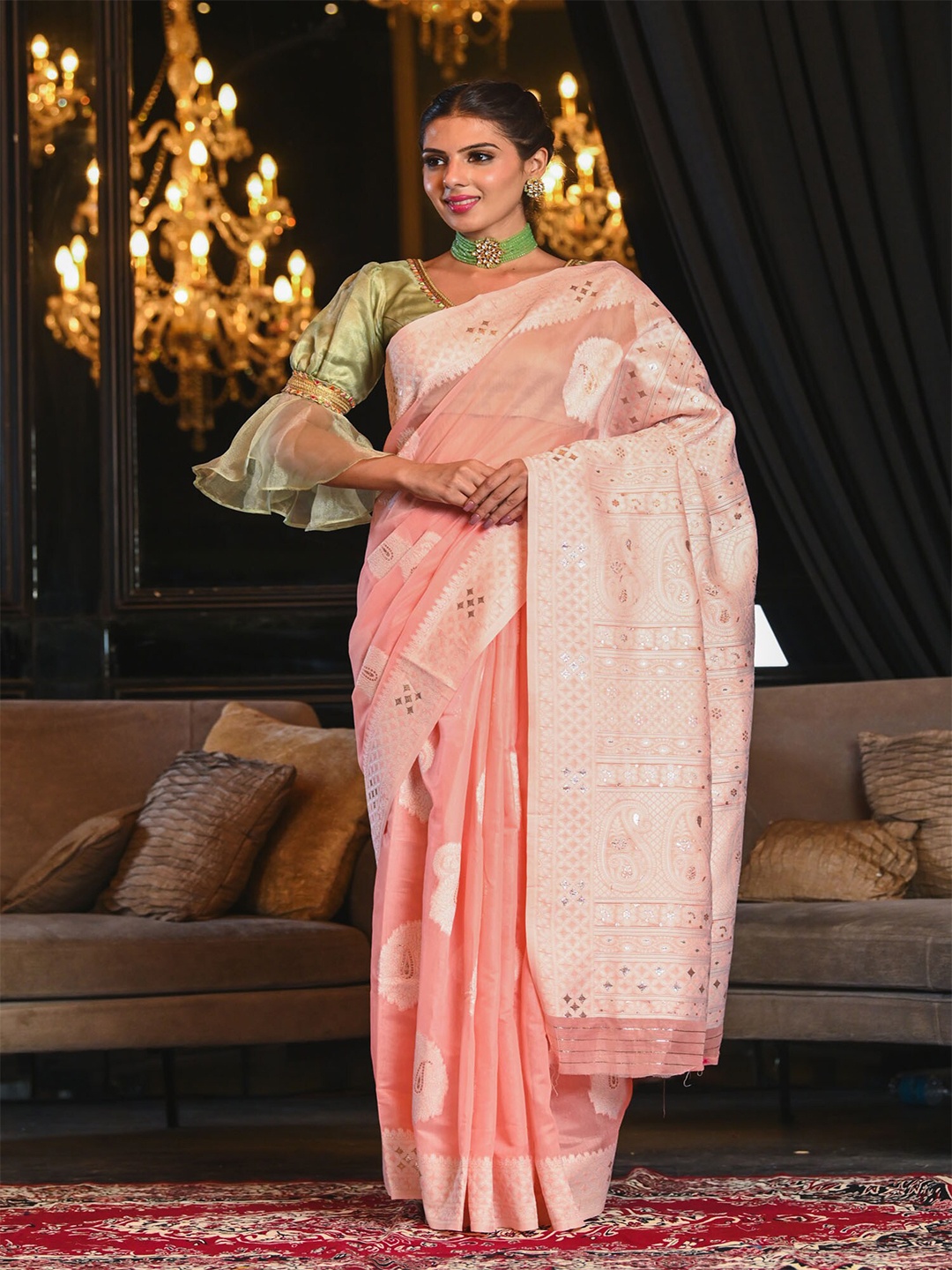 

BEATITUDE Pink & Silver-Toned Floral Zari Linen Blend Saree