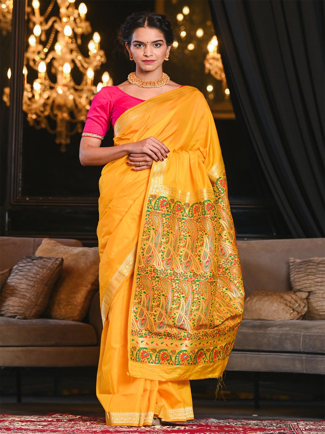 

BEATITUDE Yellow & Gold-Toned Paisley Zari Silk Blend Banarasi Saree