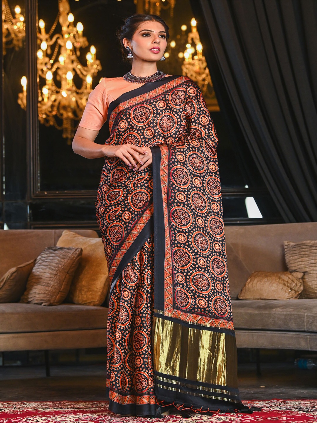 

BEATITUDE Black & Orange Silk Blend Saree