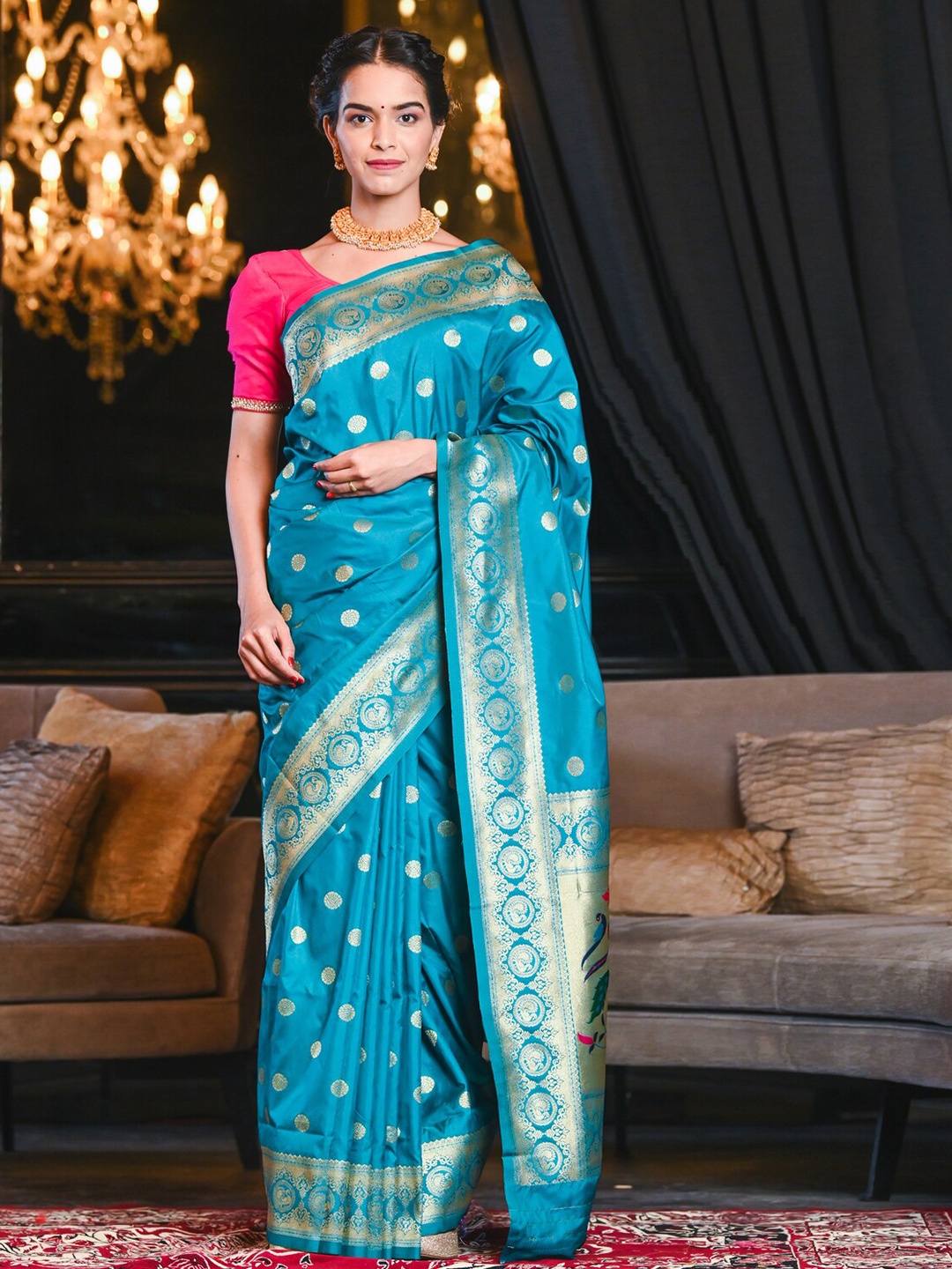 

BEATITUDE Green & Blue Ethnic Motifs Zari Paithani Saree