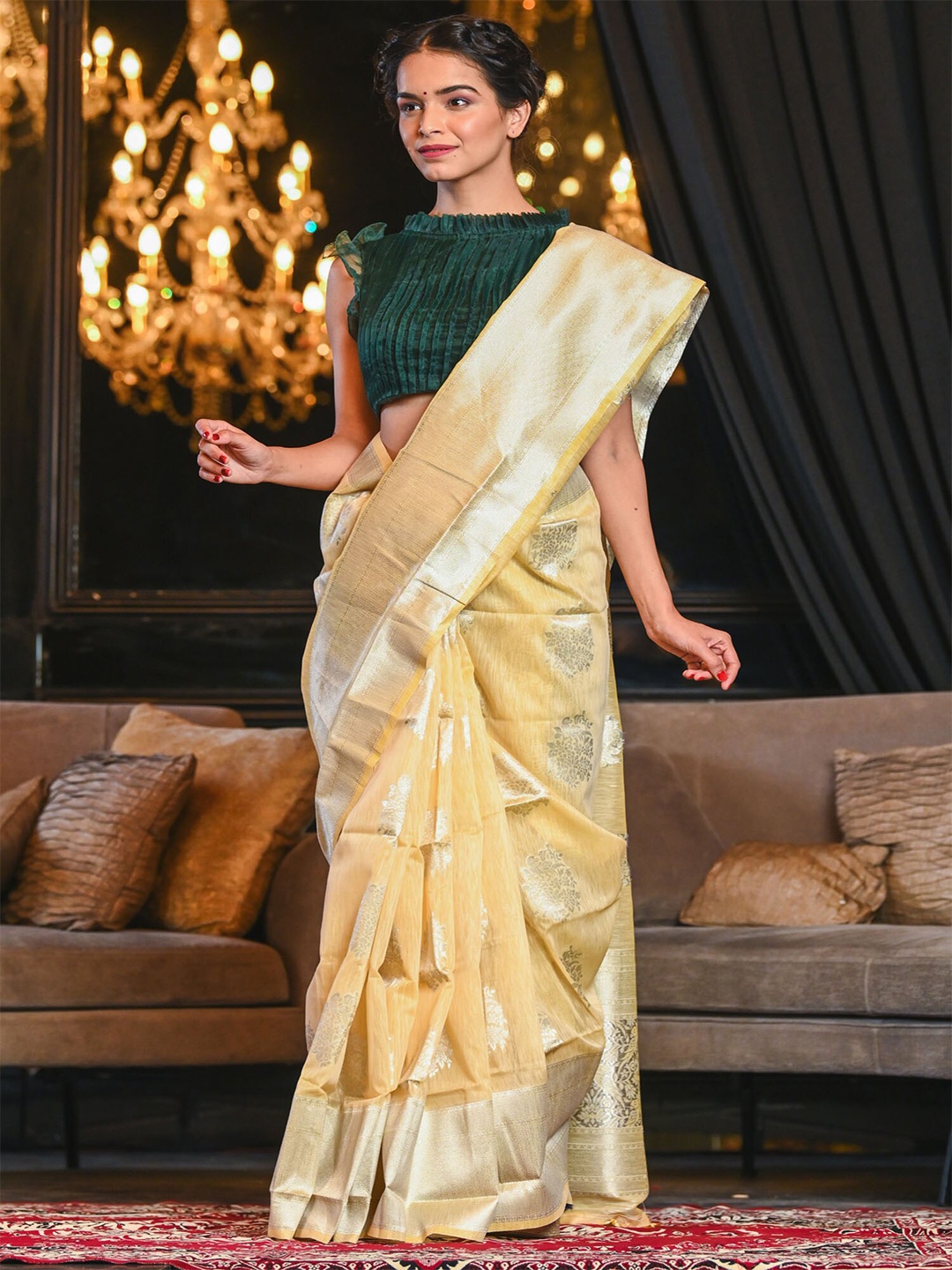 

BEATITUDE Yellow & Silver-Toned Woven Design Linen Blend Saree