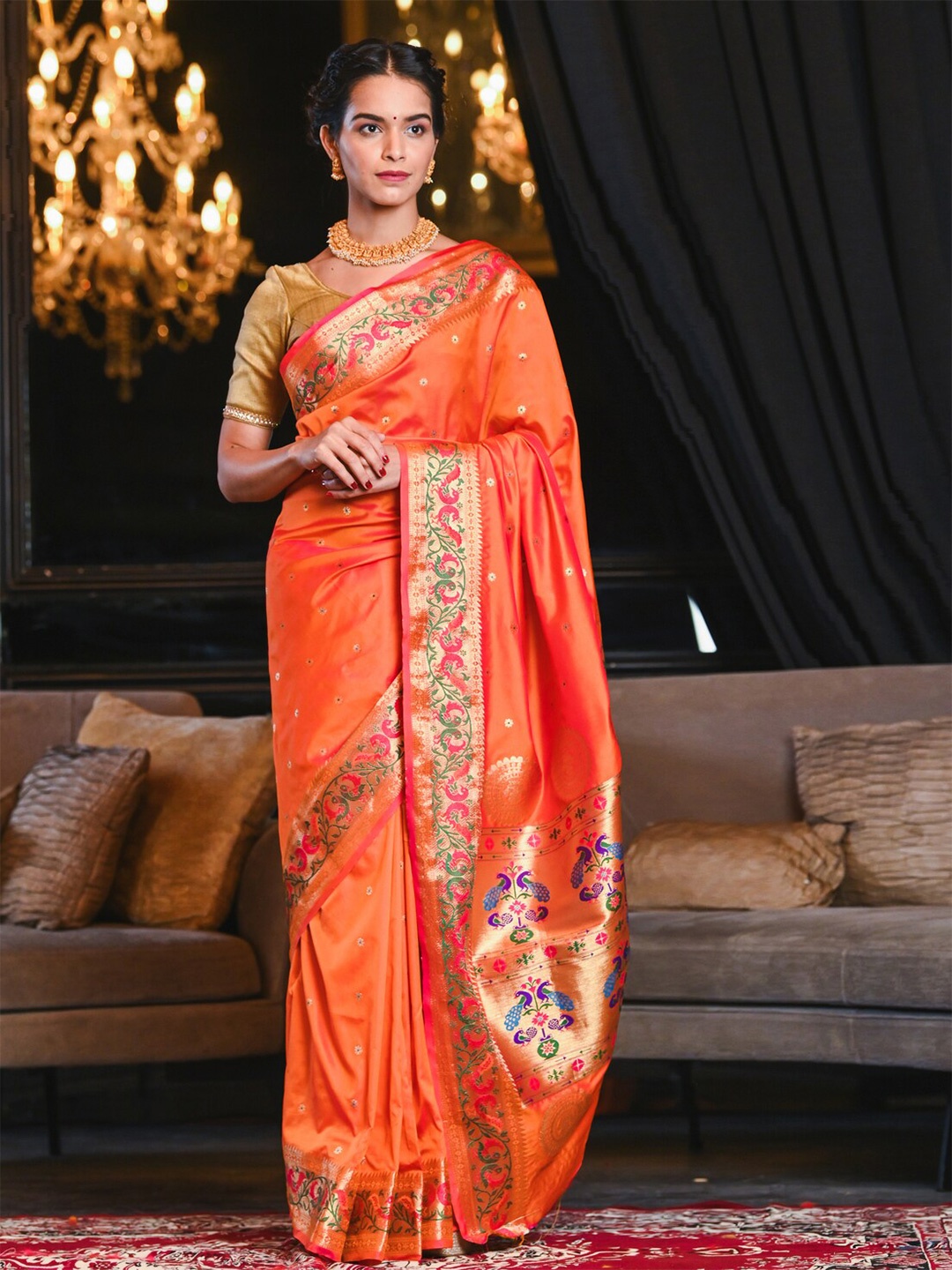 

BEATITUDE Orange & Gold-Toned Ethnic Motifs Zari Silk Blend Paithani Saree