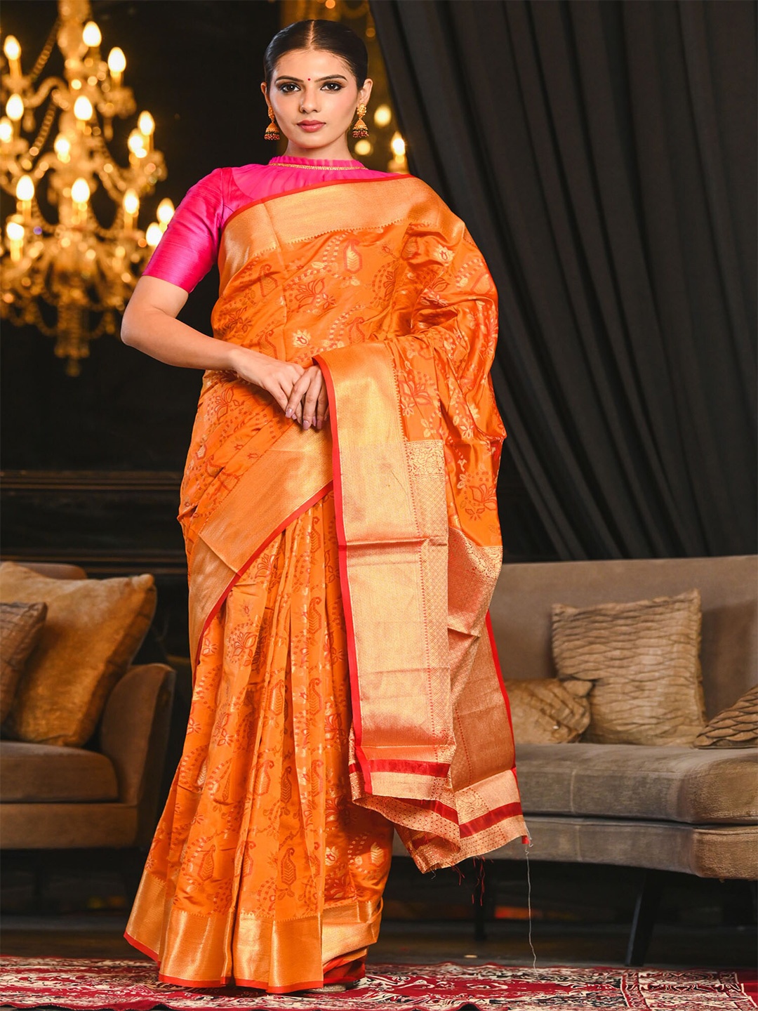 

BEATITUDE Orange & Gold-Toned Woven Design Zari Silk Blend Patola Saree
