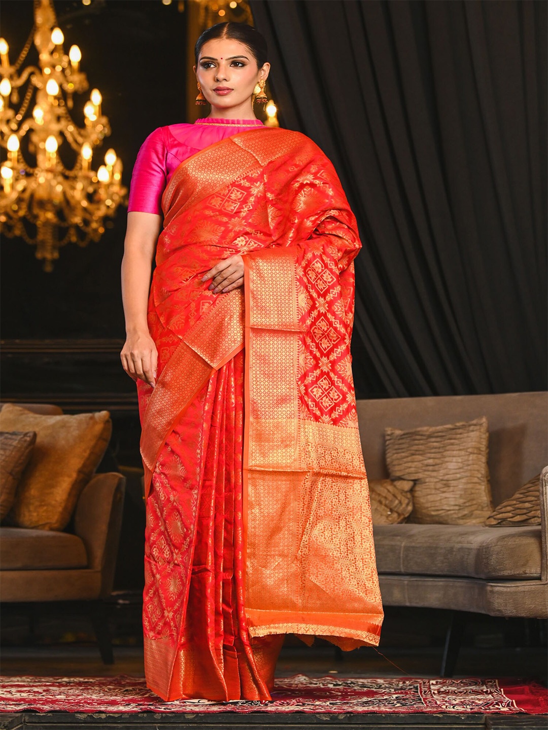 

BEATITUDE Red Floral Zari Silk Blend Patola Saree