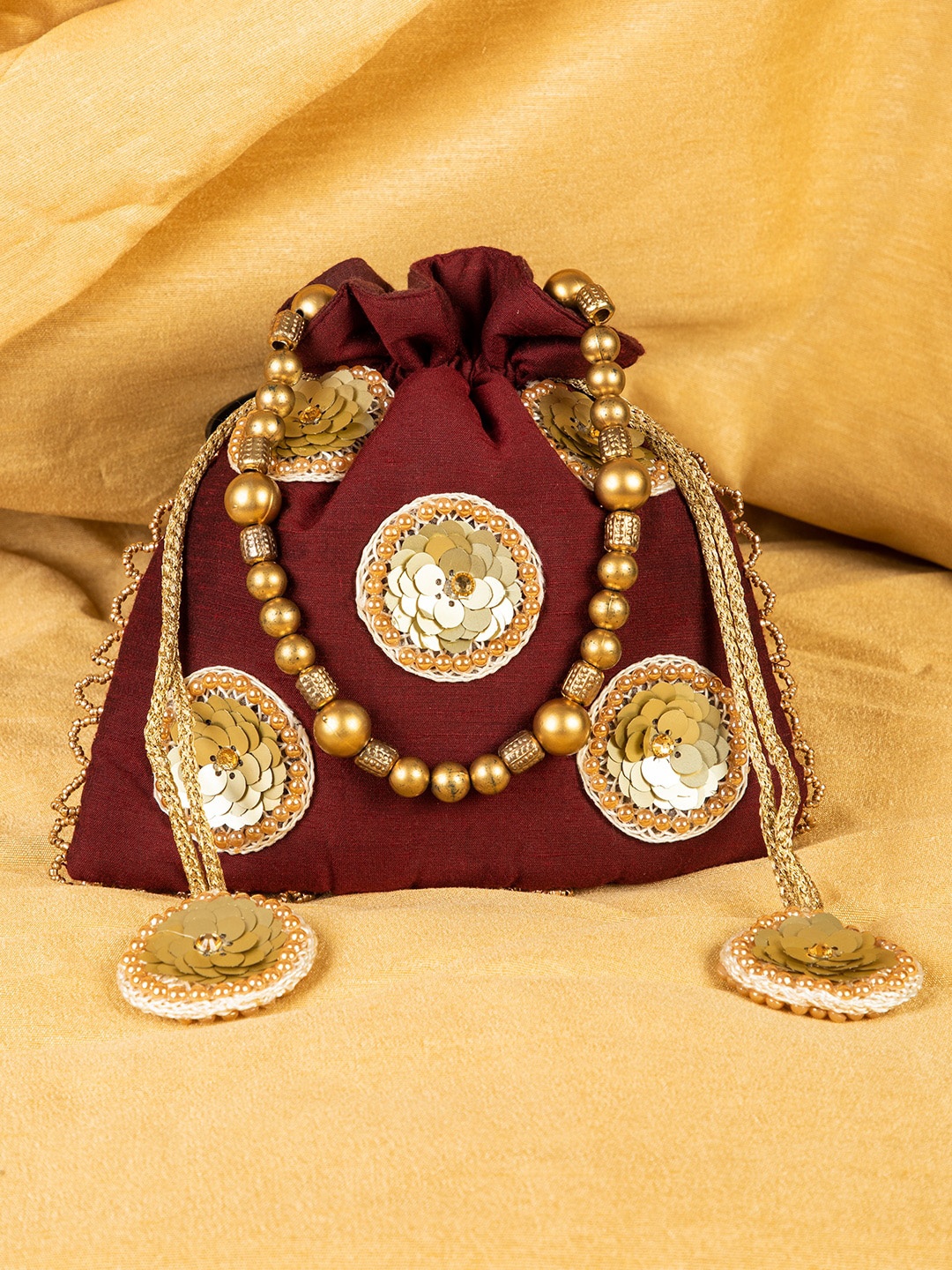 

DEEBACO Maroon & Gold-Toned Embellished Royal Mahogany Potli Bag