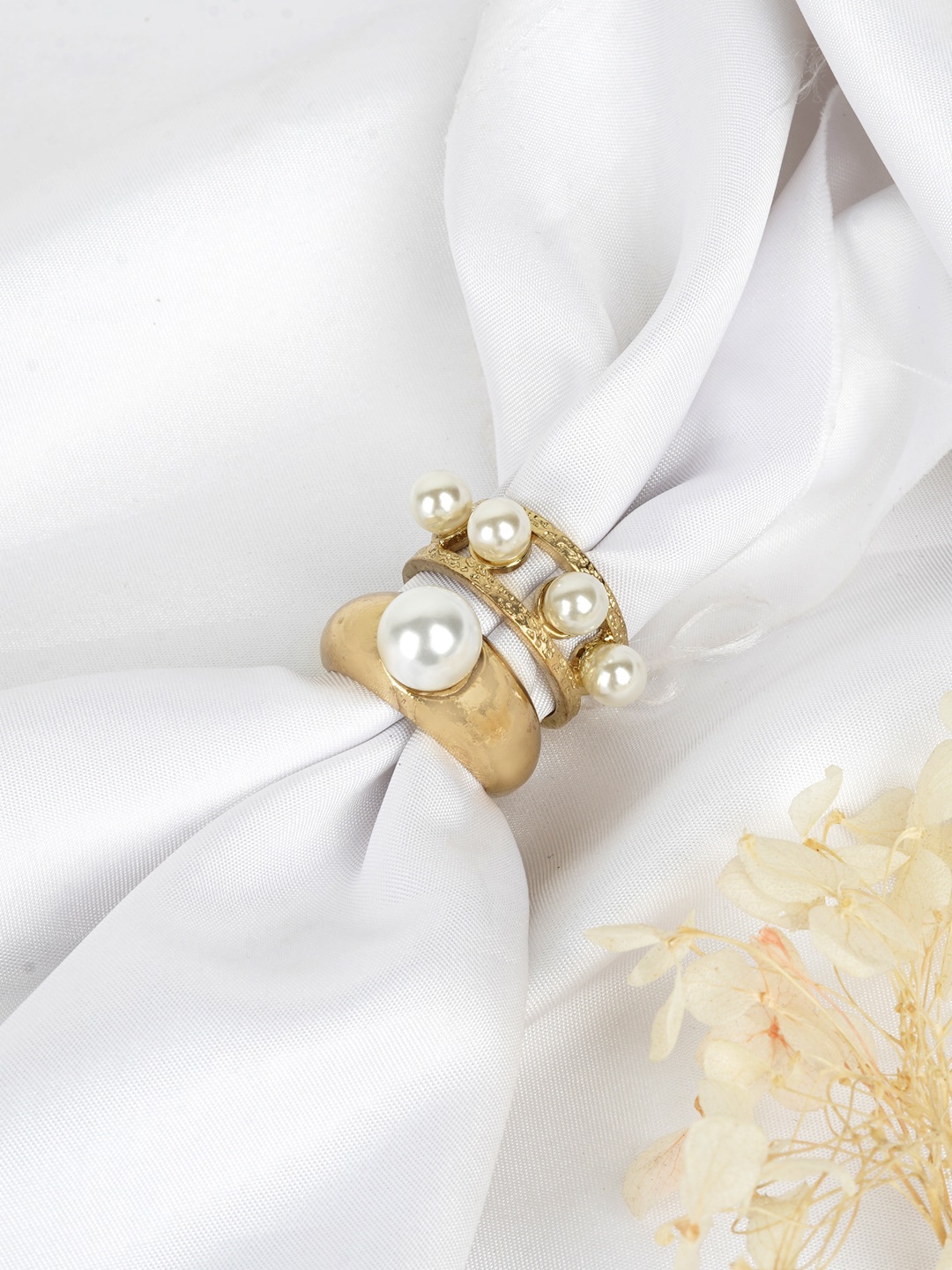 

JOKER & WITCH Gold-Toned & White Set Of 2 Beaded Finger Rings