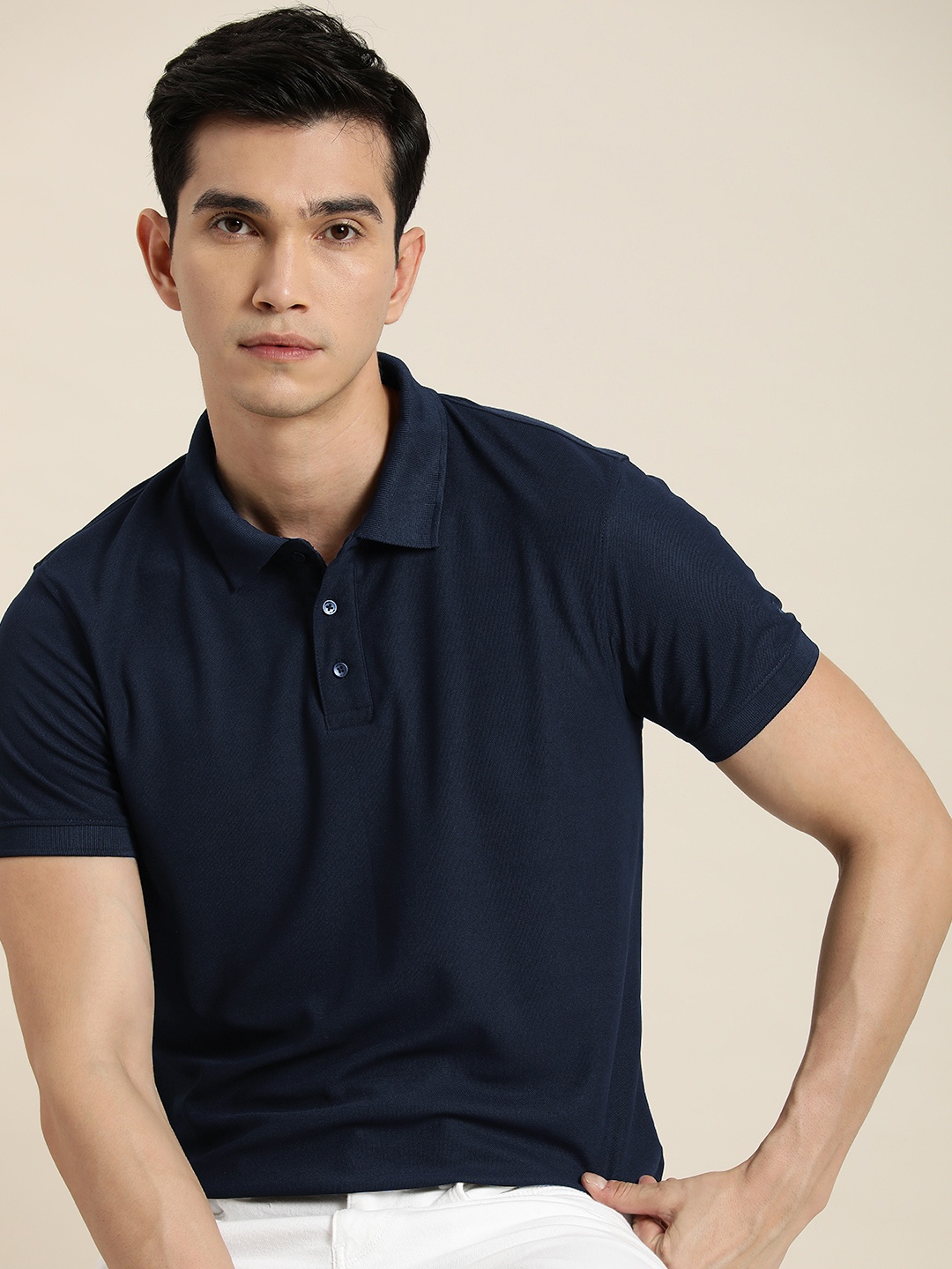 

ether Men Navy Blue Solid Polo Collar Indigo Antimicrobial Slim Fit T-shirt