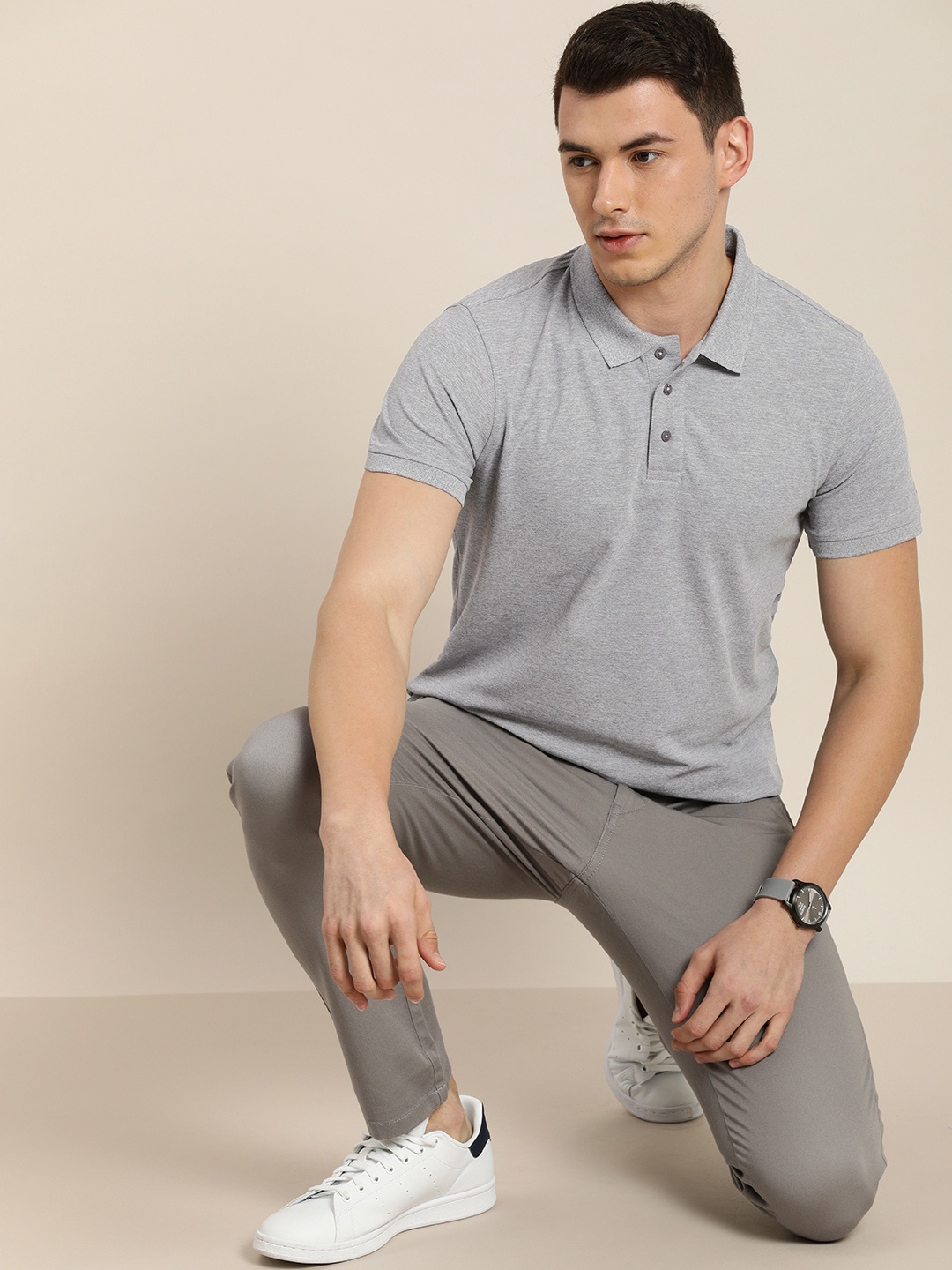 

ether Men Grey Melange Moisture-Wicking Antimicrobial Polo
