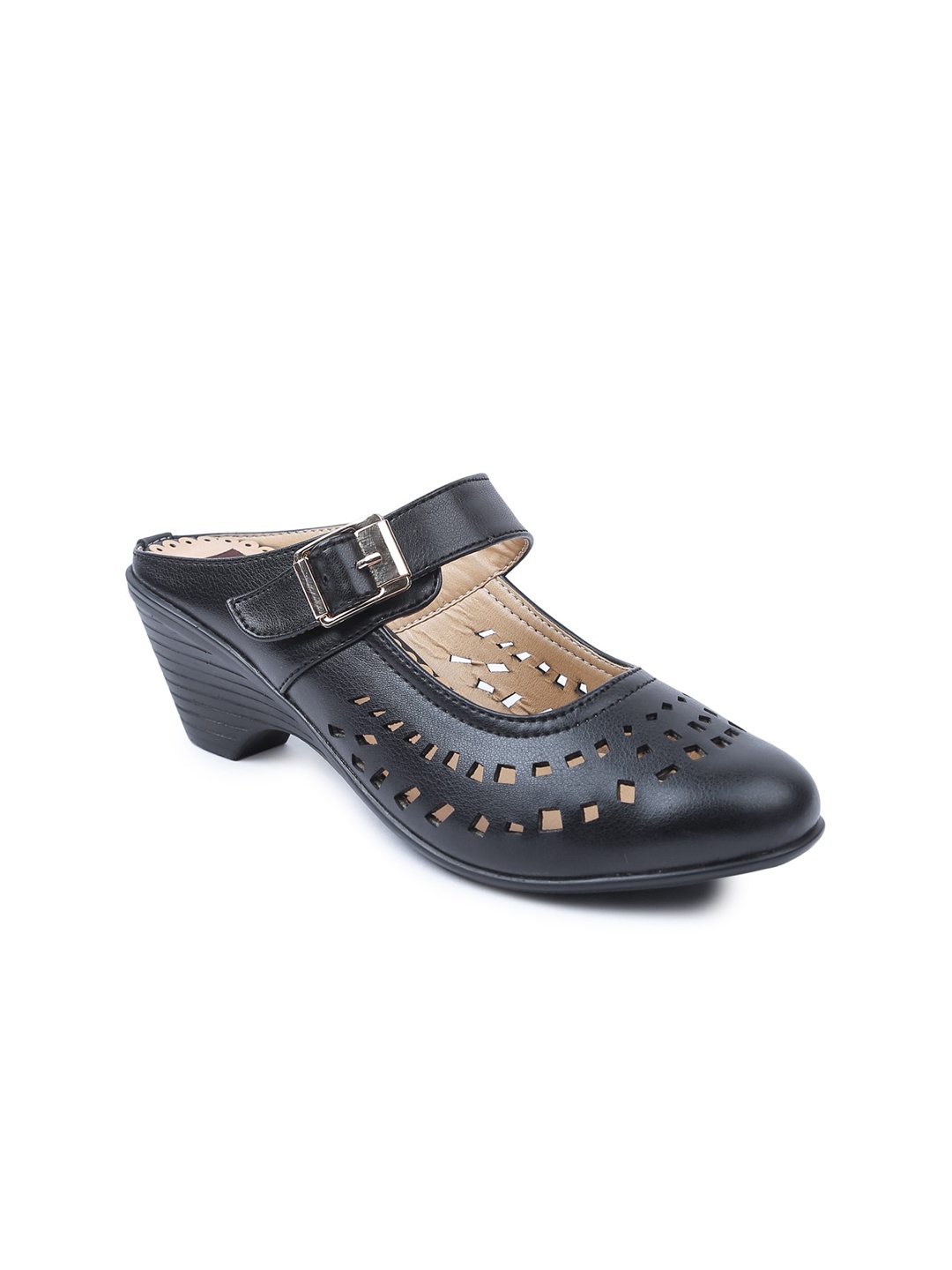 

VALIOSAA Women Black Block Mary Janes with Laser Cuts