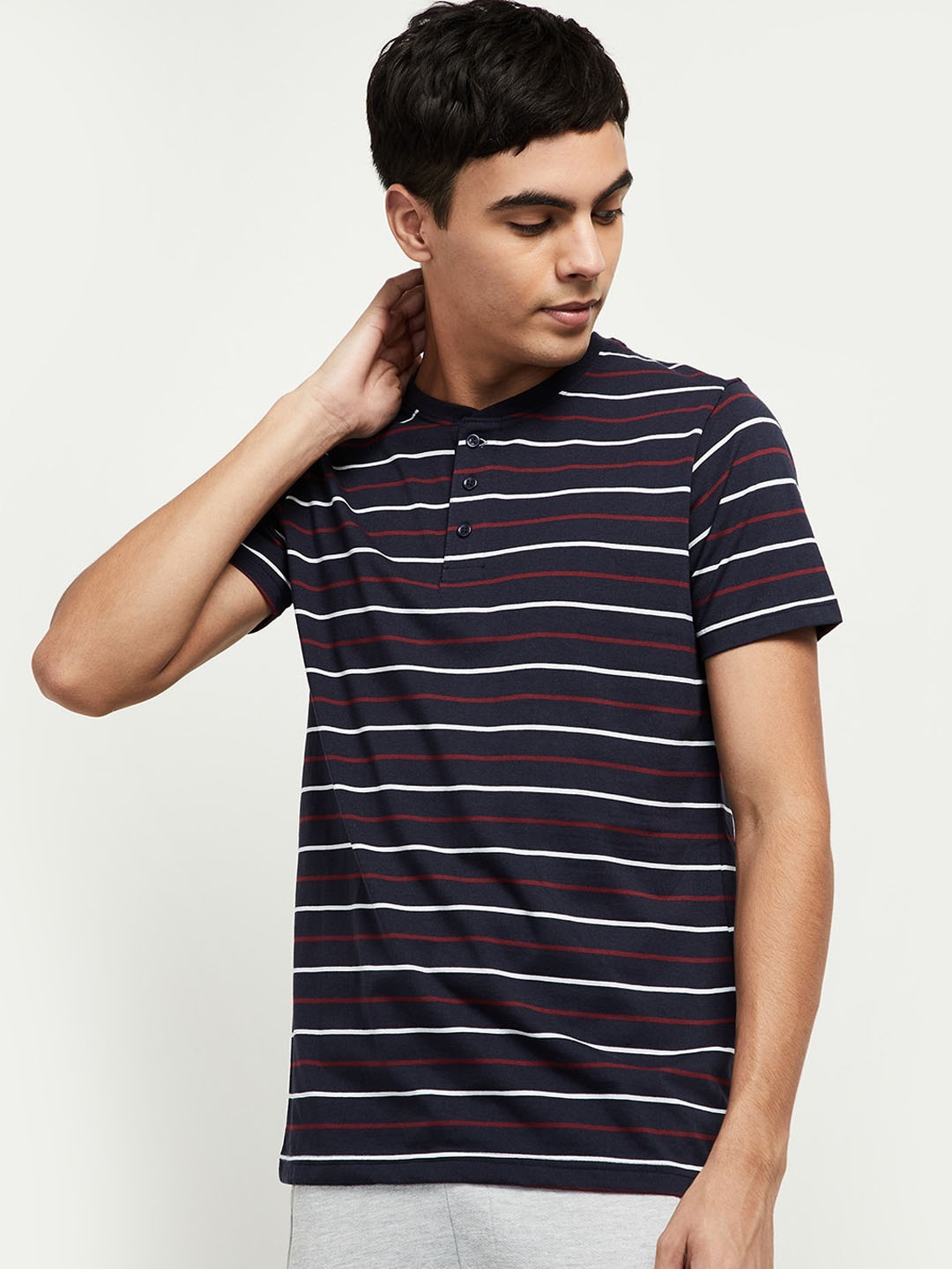 

max Men Navy Blue & Red Striped Lounge T-Shirt